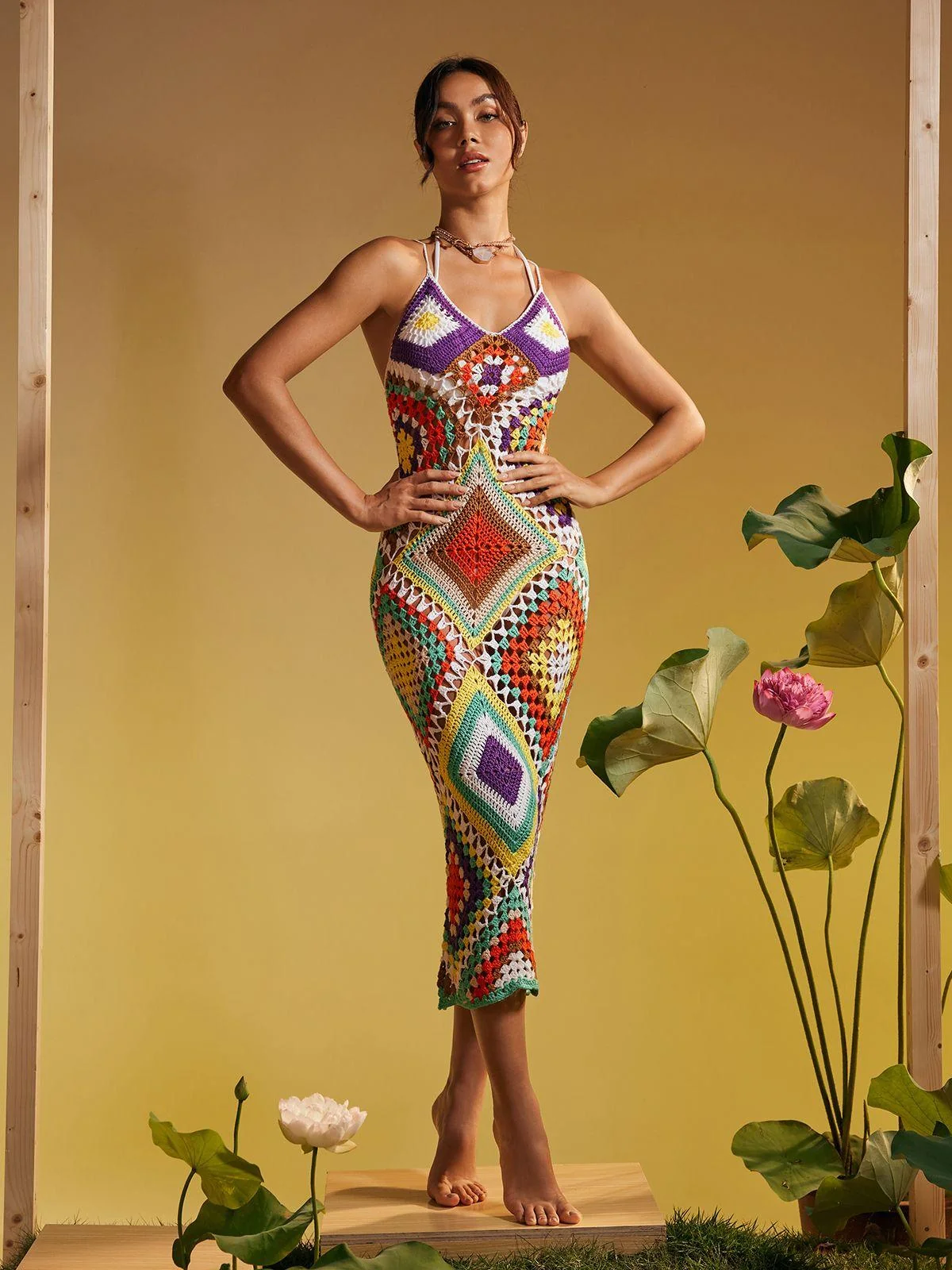 Patchwork Knitted Spaghetti Strap Dress