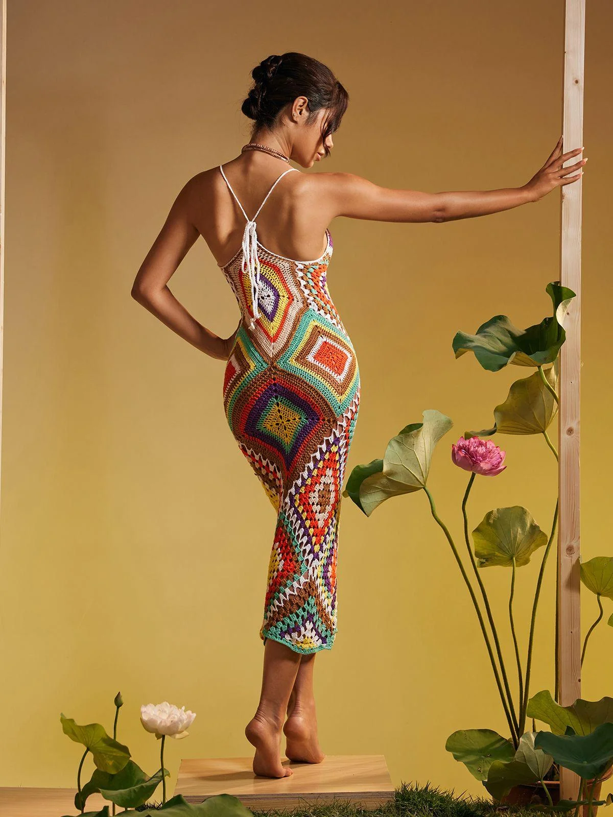 Patchwork Knitted Spaghetti Strap Dress