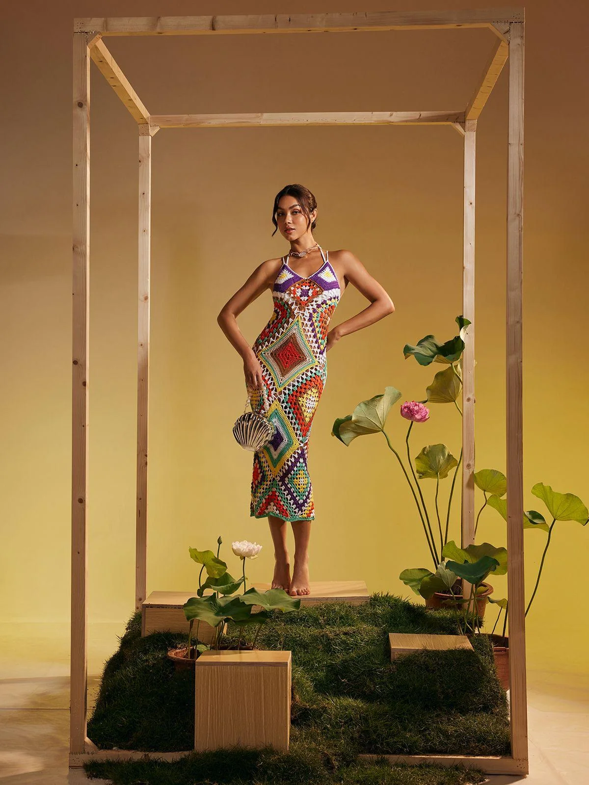 Patchwork Knitted Spaghetti Strap Dress