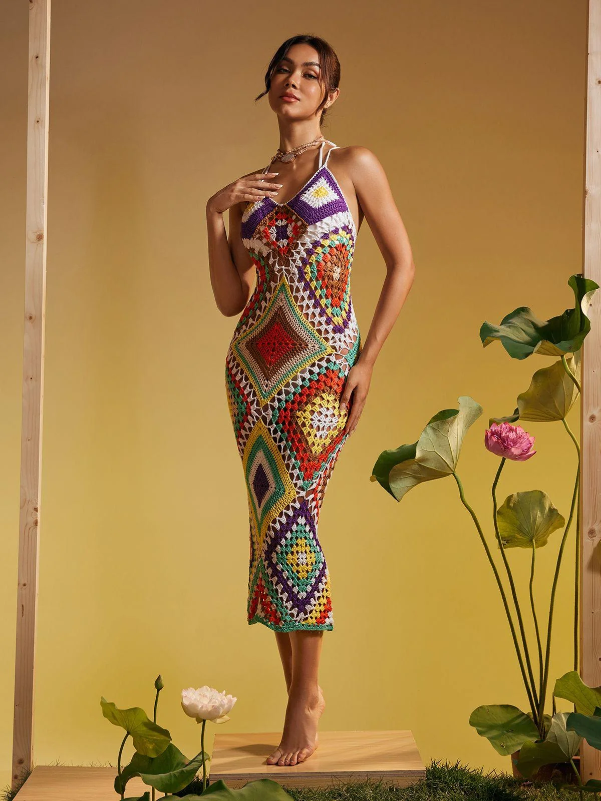 Patchwork Knitted Spaghetti Strap Dress