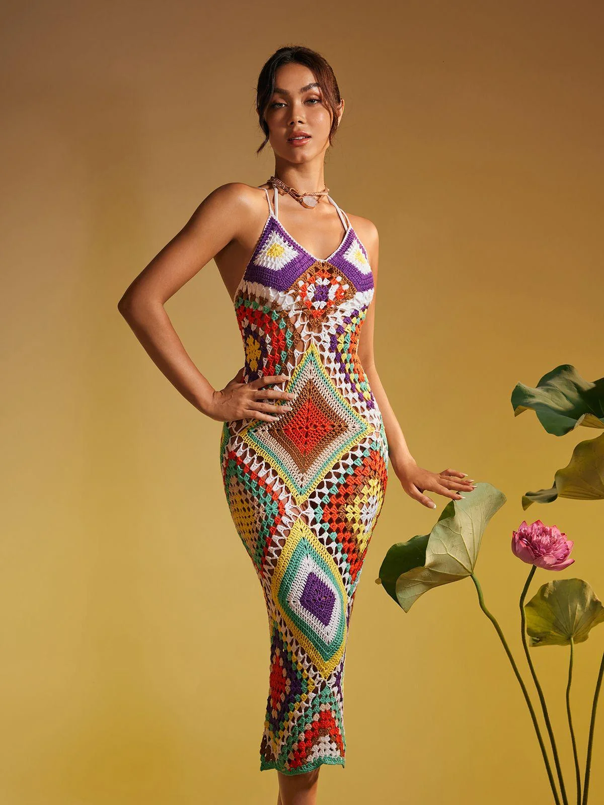 Patchwork Knitted Spaghetti Strap Dress