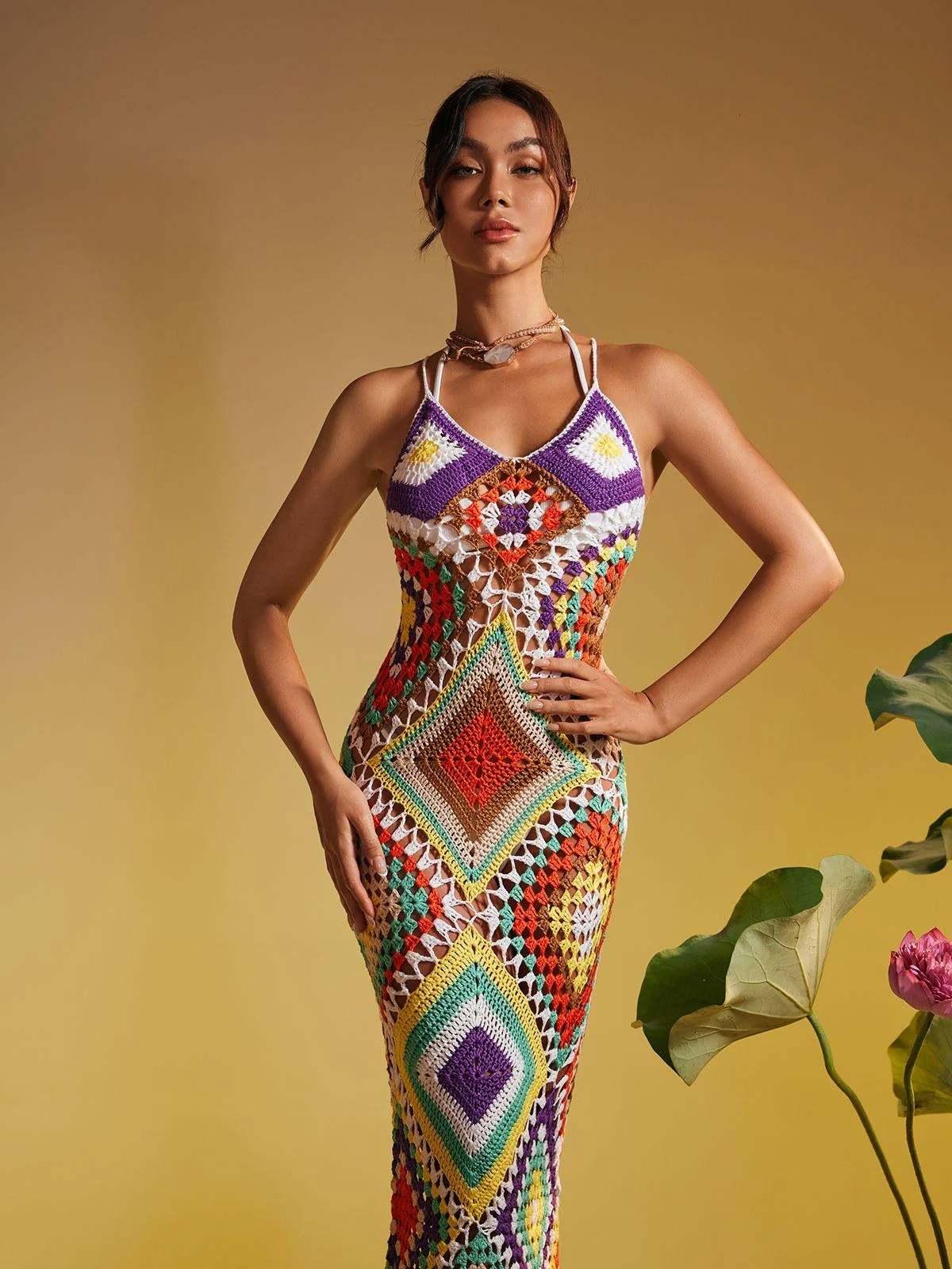 Patchwork Knitted Spaghetti Strap Dress