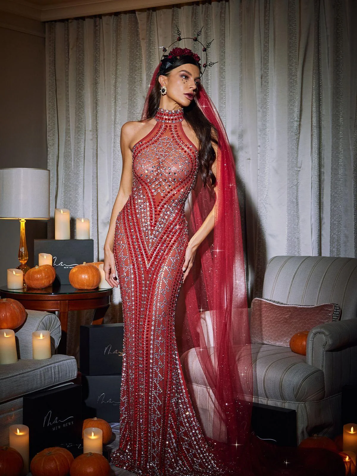 Sparkling Mesh Veil - Elegant Red Glitter Detailing