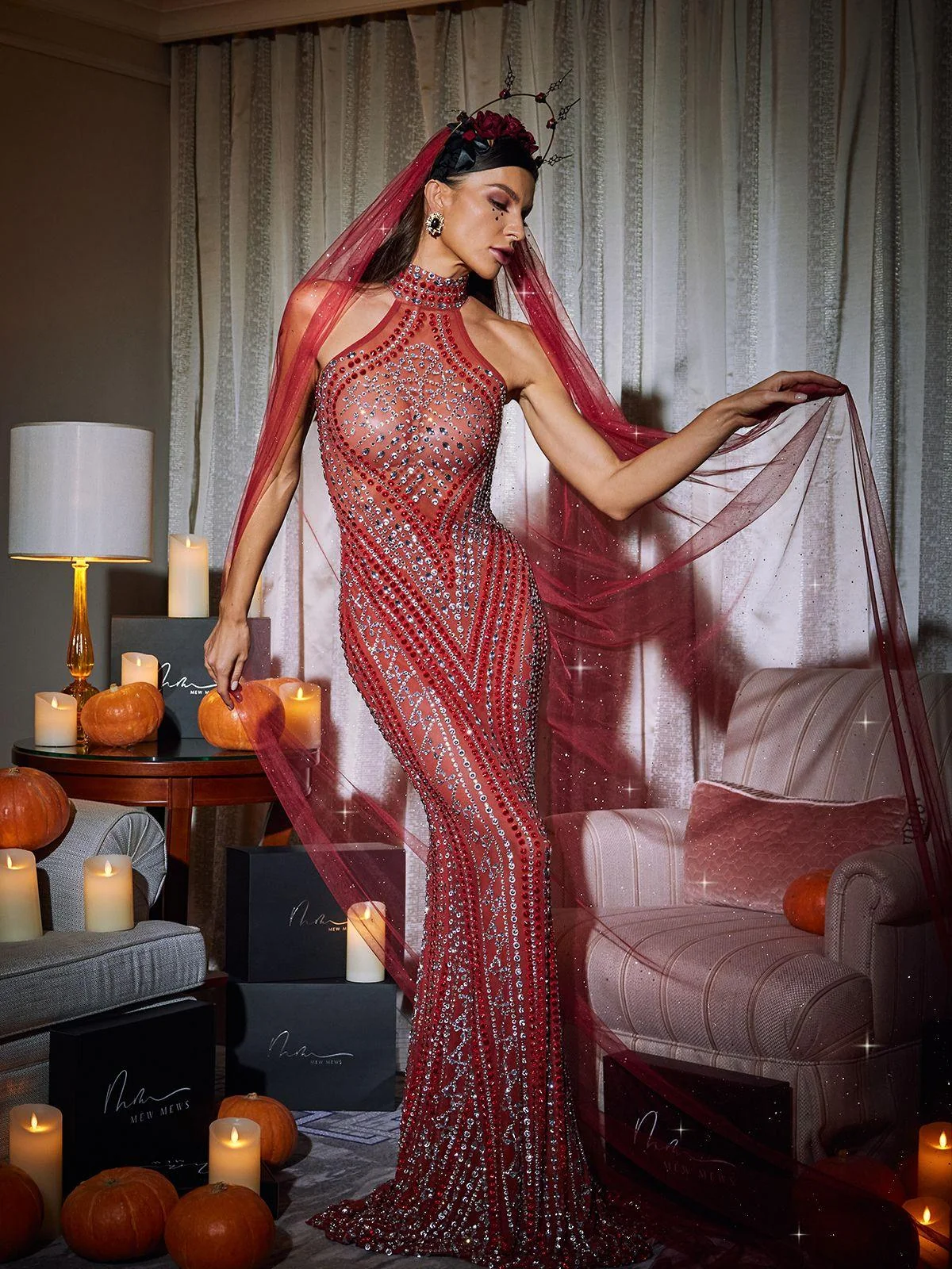 Sparkling Mesh Veil - Elegant Red Glitter Detailing