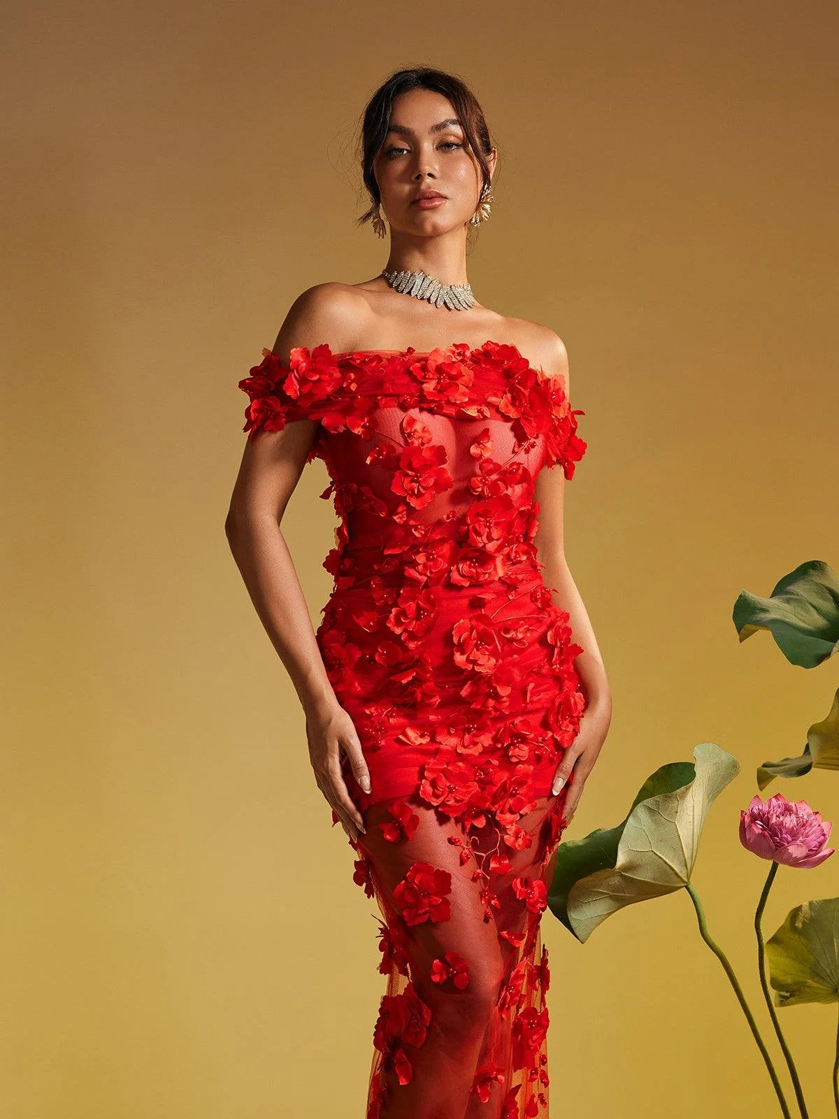 Floral Mesh Off Shoulder Maxi Dress