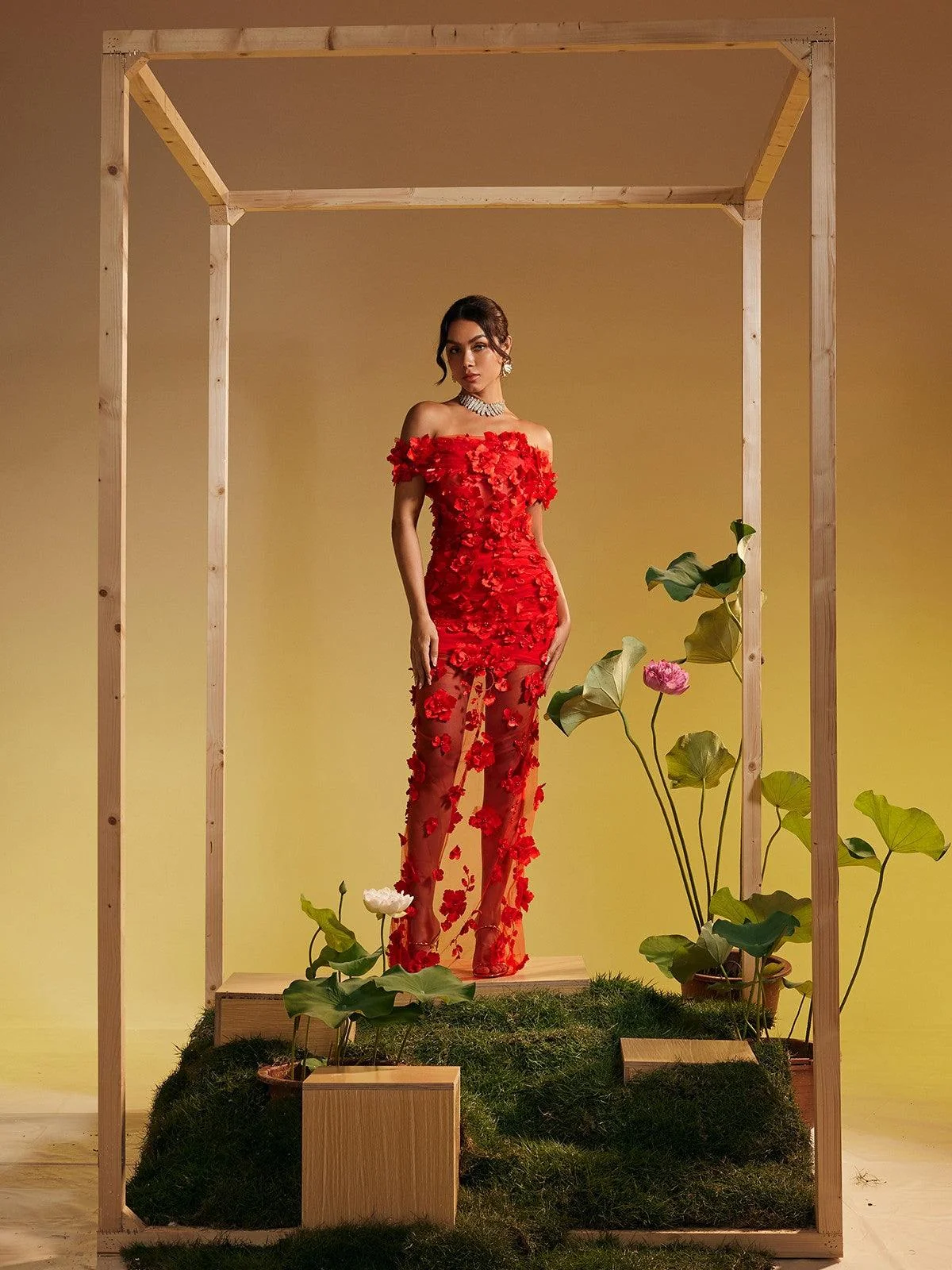 Floral Mesh Off Shoulder Maxi Dress