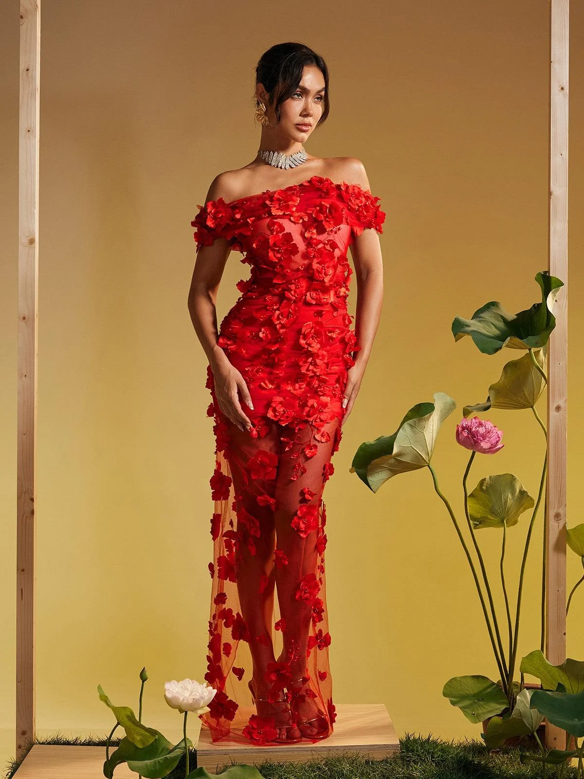 Floral Mesh Off Shoulder Maxi Dress