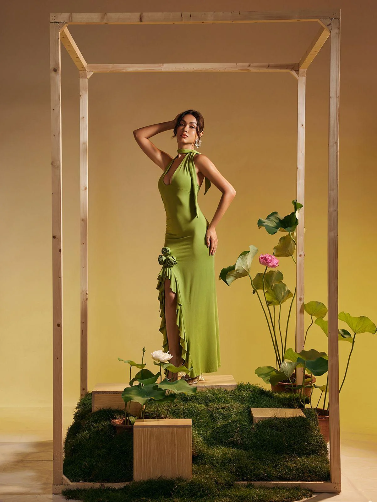 Green Halterneck Floral Ruffle Maxi Dress - Elegant & Comfortable