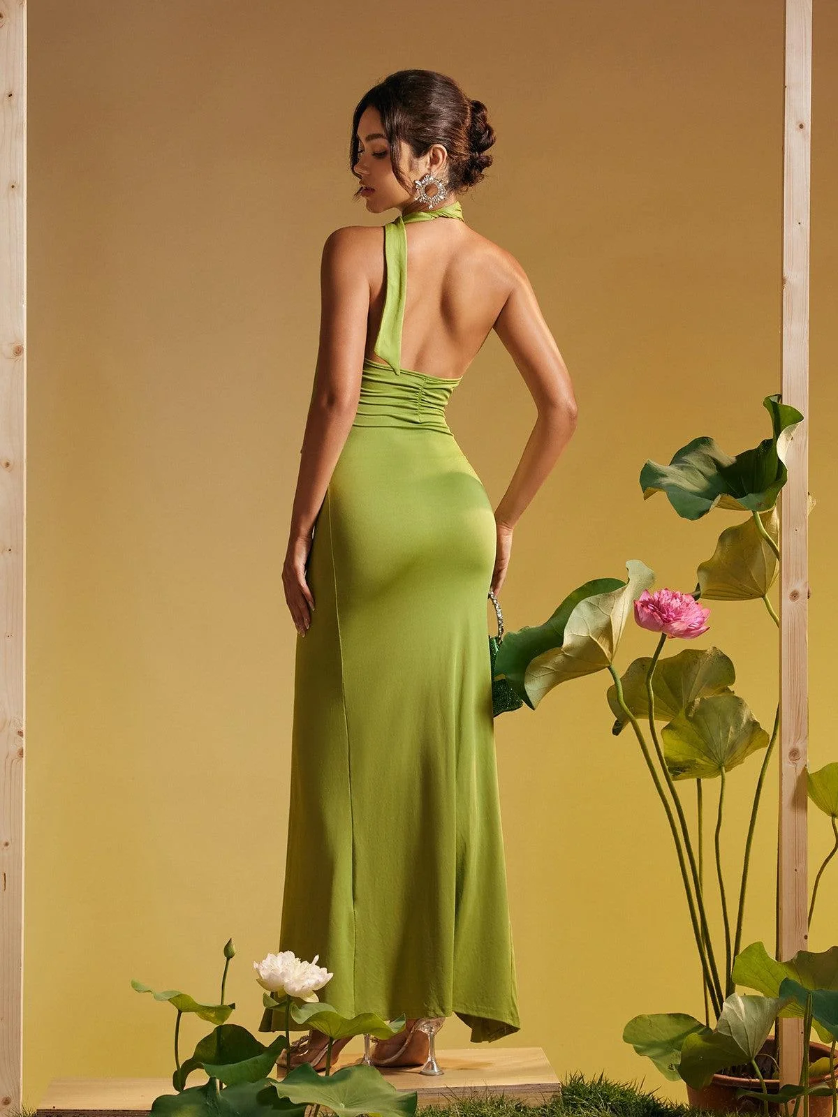 Green Halterneck Floral Ruffle Maxi Dress - Elegant & Comfortable