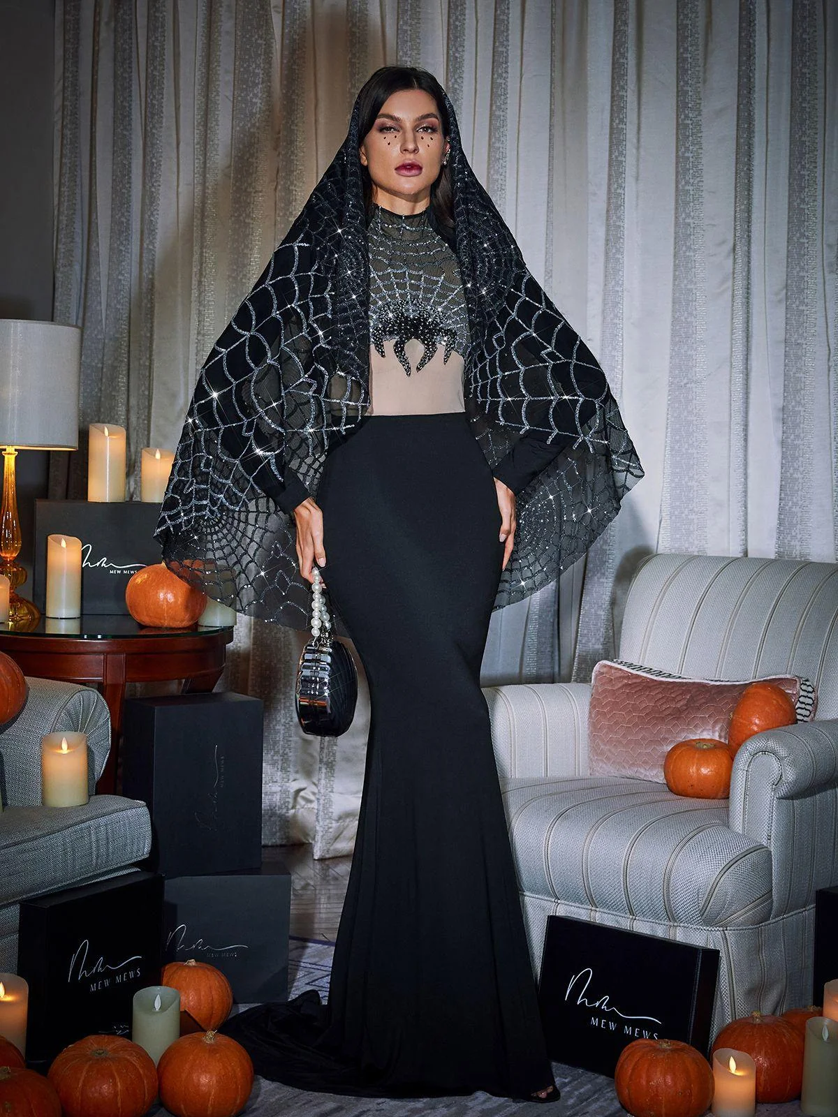 Sequin Cobweb Maxi Dress with Long Sleeves