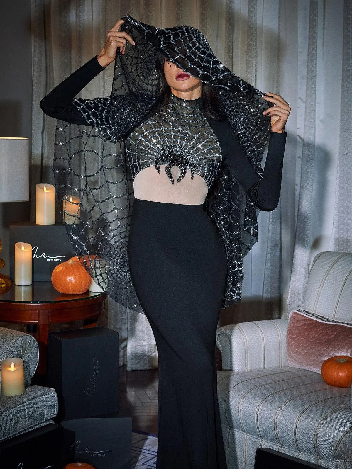 Sequin Cobweb Maxi Dress with Long Sleeves