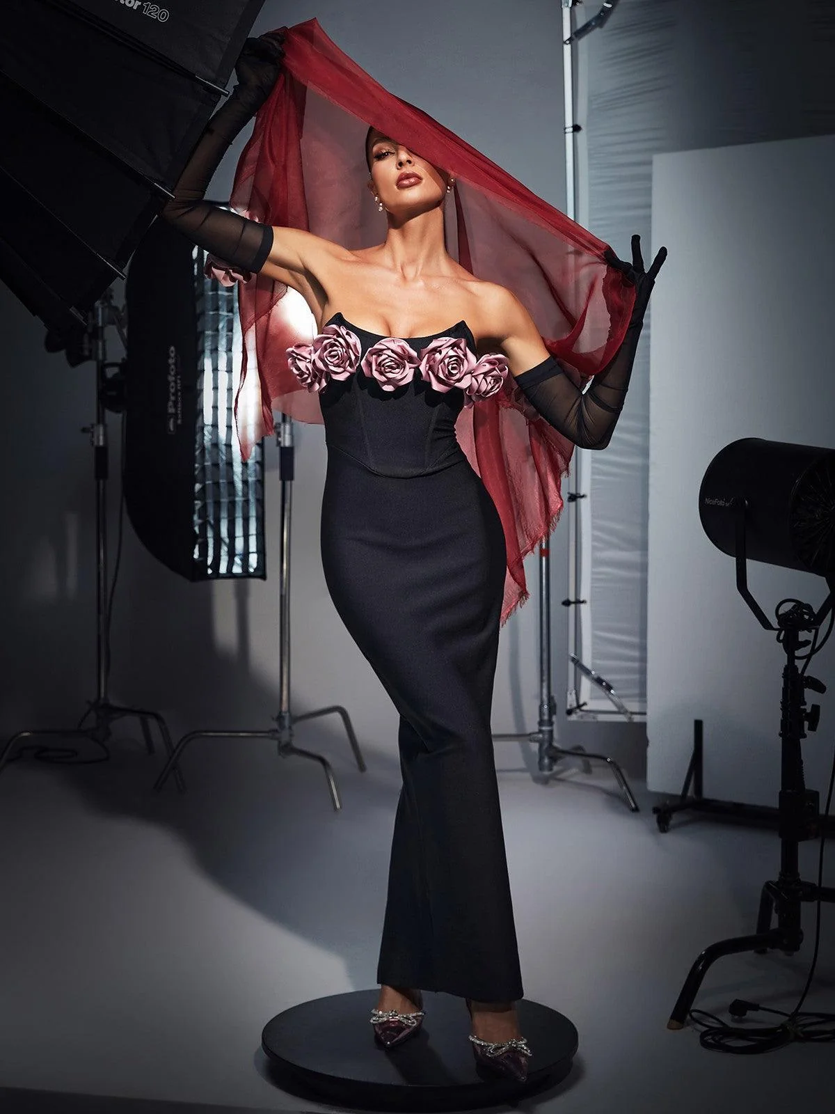 Floral Bandage Corset Dress with Matching Gloves