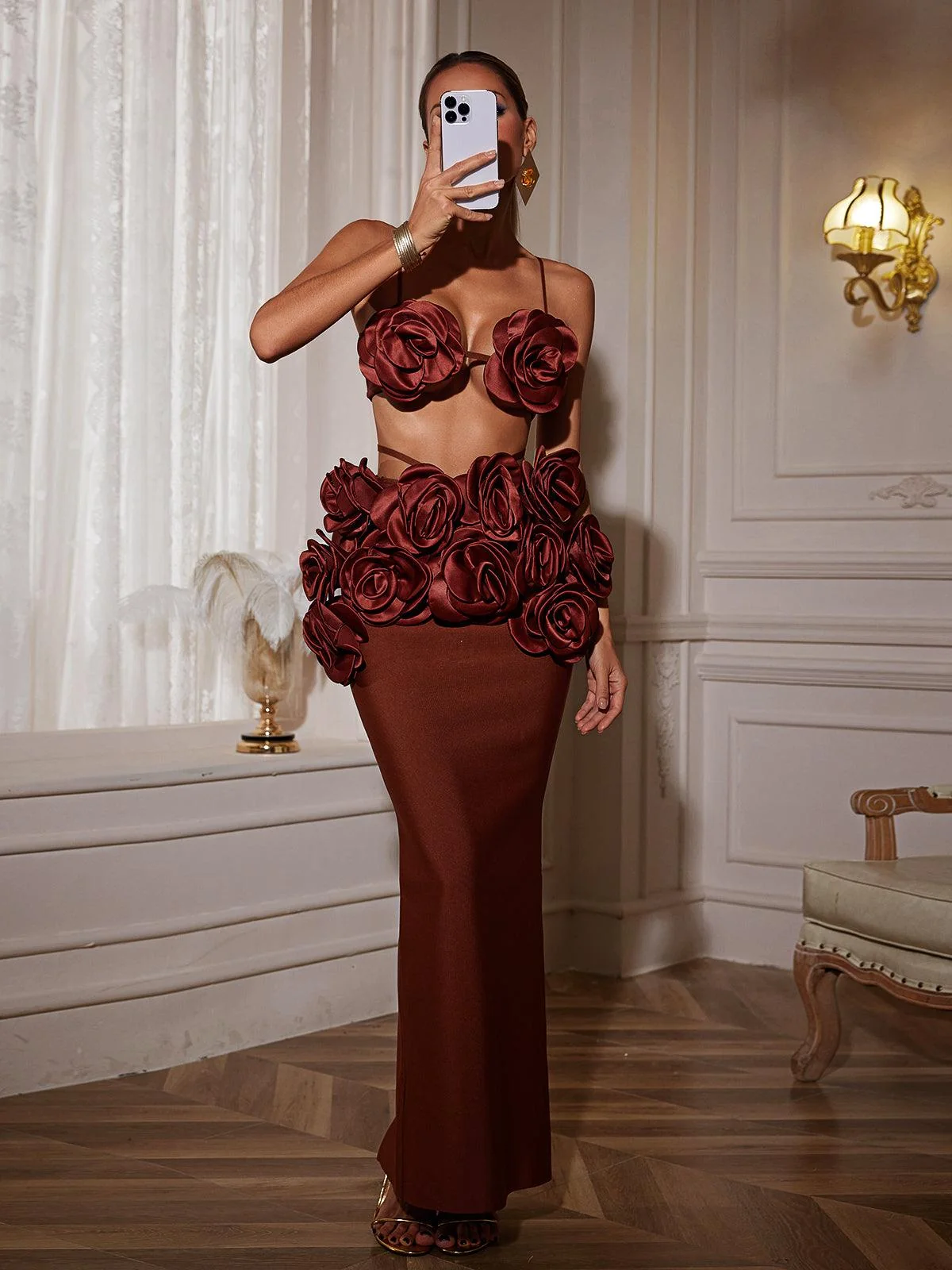 Brown Flower Bandage Skirt Set - Elegant Floral Dress