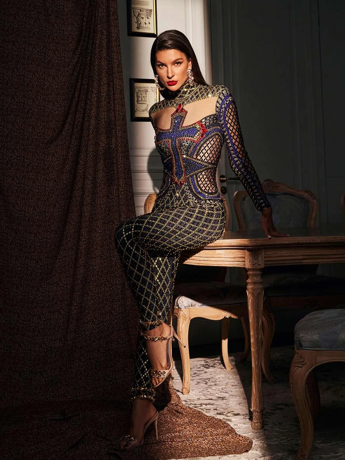 Sparkling Printed Jumpsuit with Rhinestone Detail