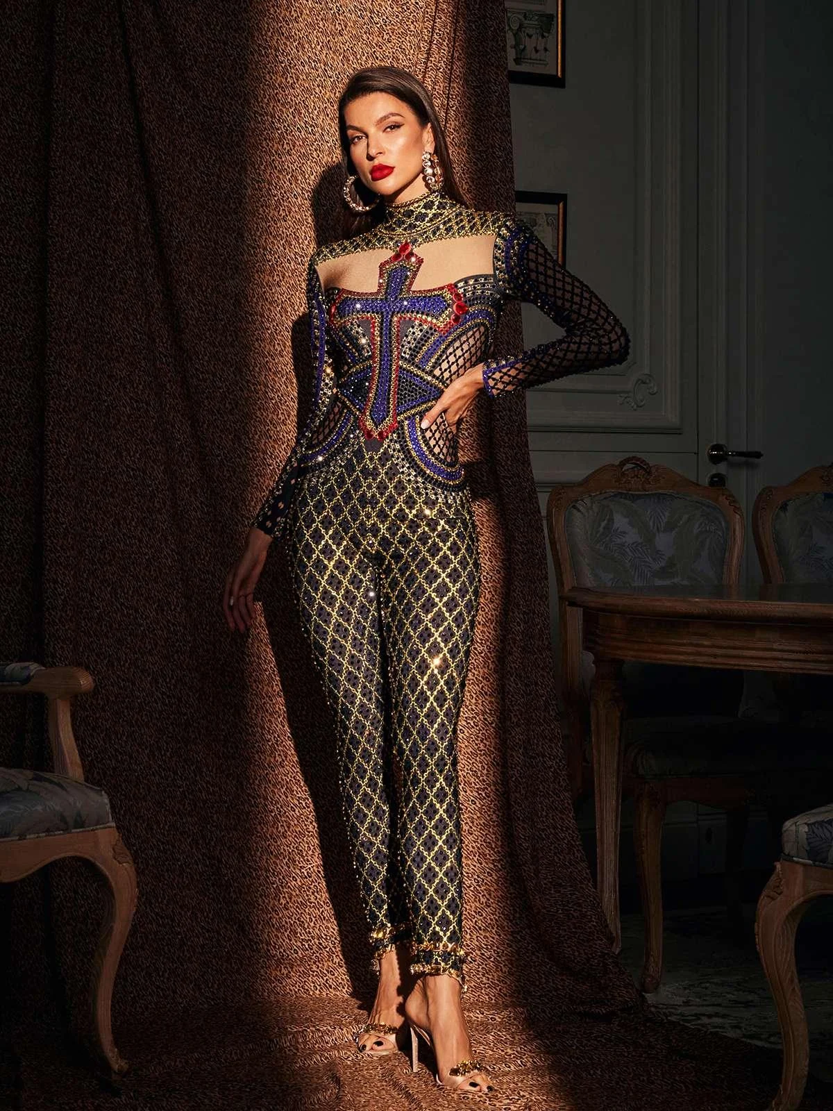 Sparkling Printed Jumpsuit with Rhinestone Detail