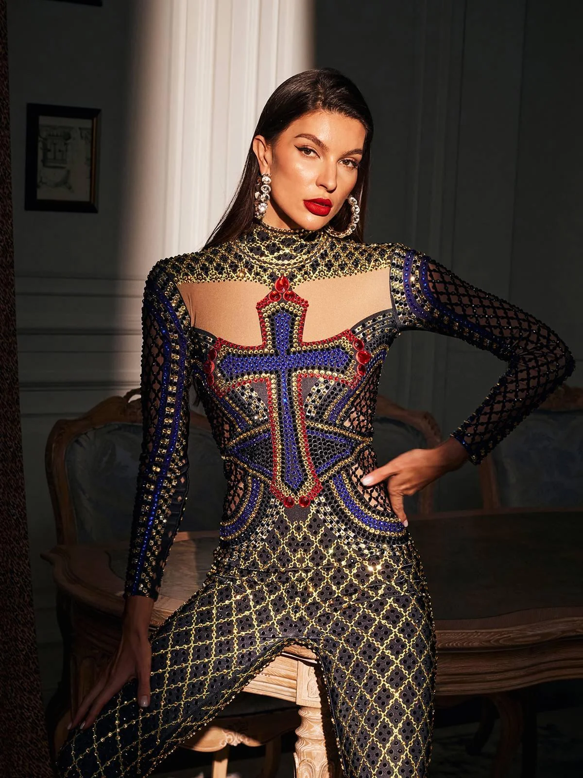 Sparkling Printed Jumpsuit with Rhinestone Detail