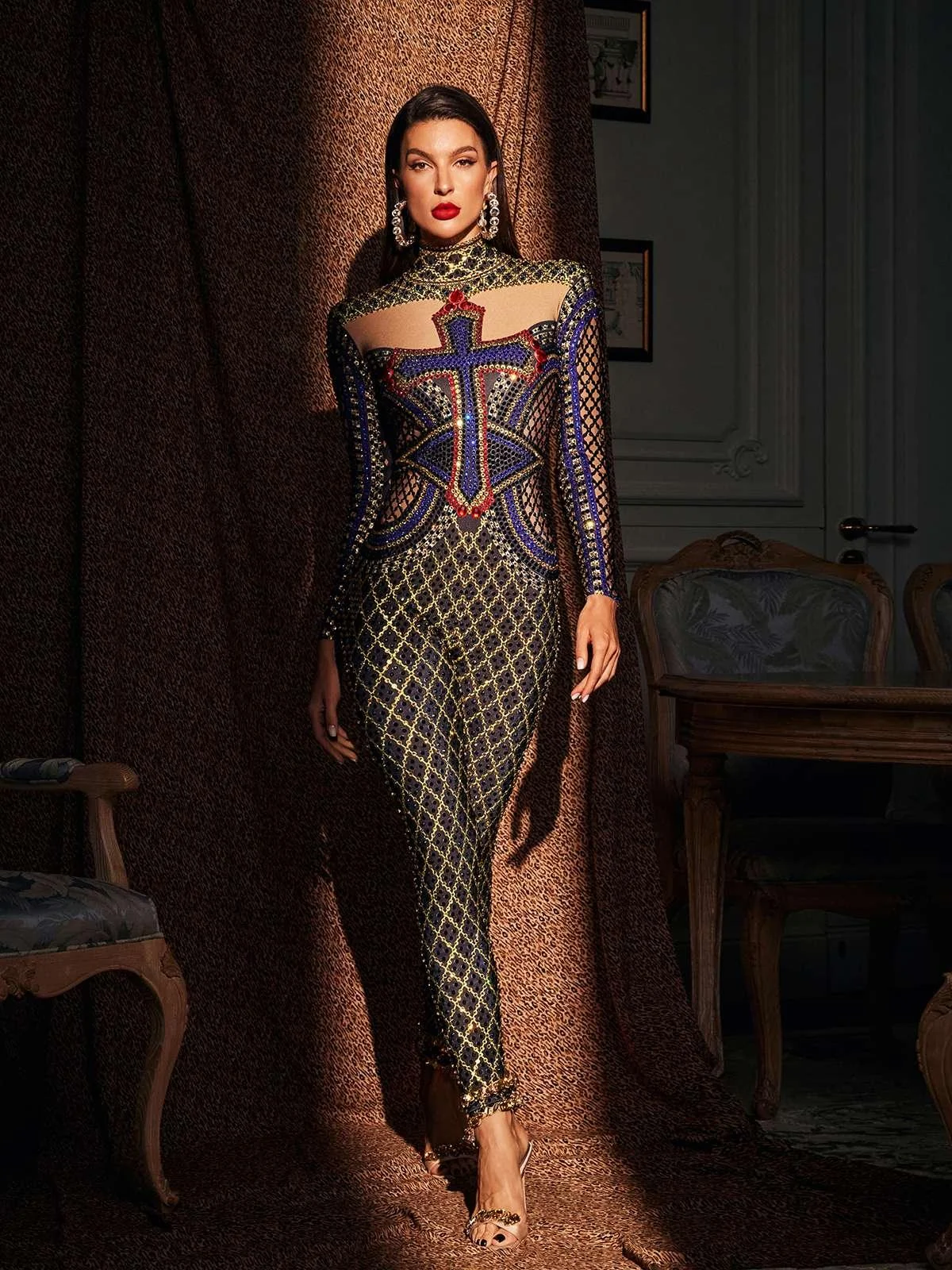 Sparkling Printed Jumpsuit with Rhinestone Detail