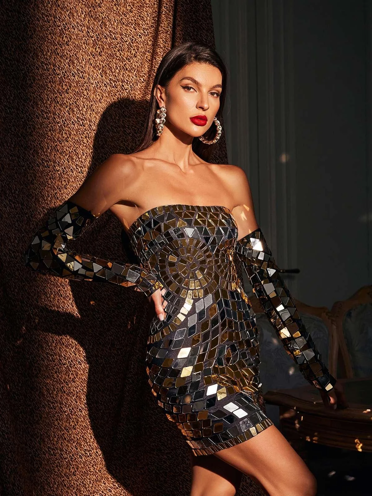 Stunning Strapless Acrylic Mini Dress Set with Gloves