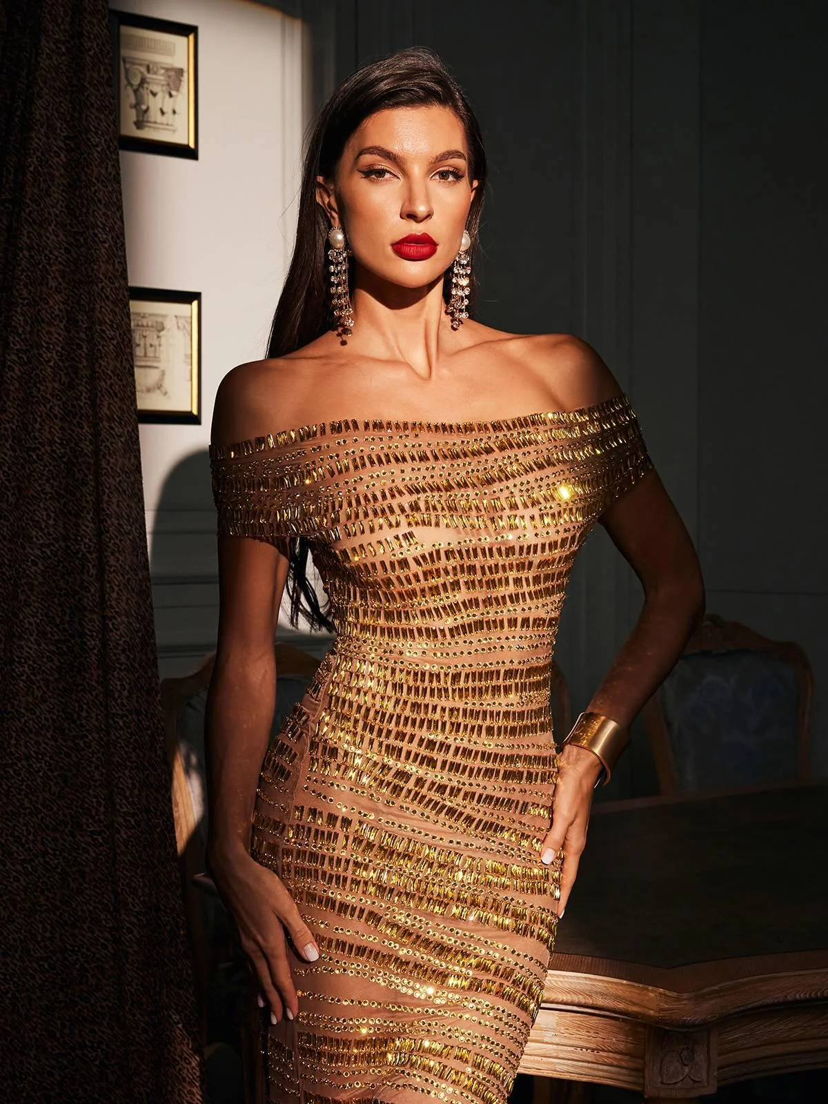 Elegant Rhinestone Mesh Off-Shoulder Maxi Dress