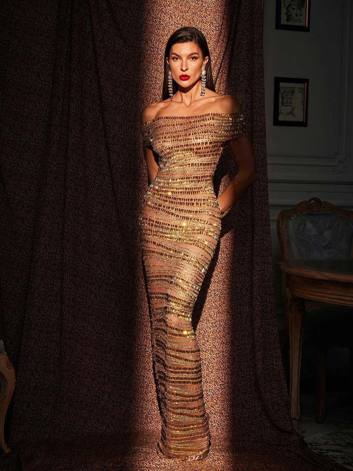 Elegant Rhinestone Mesh Off-Shoulder Maxi Dress