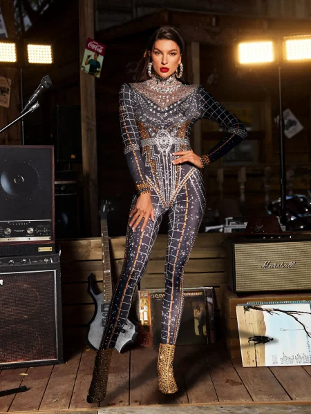Printed Rhinestone Jumpsuit - Elegant Fashion Statement