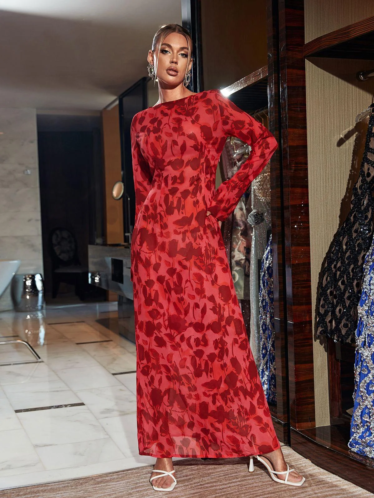 Rose Print Long Sleeve Maxi Dress - Elegant & Versatile