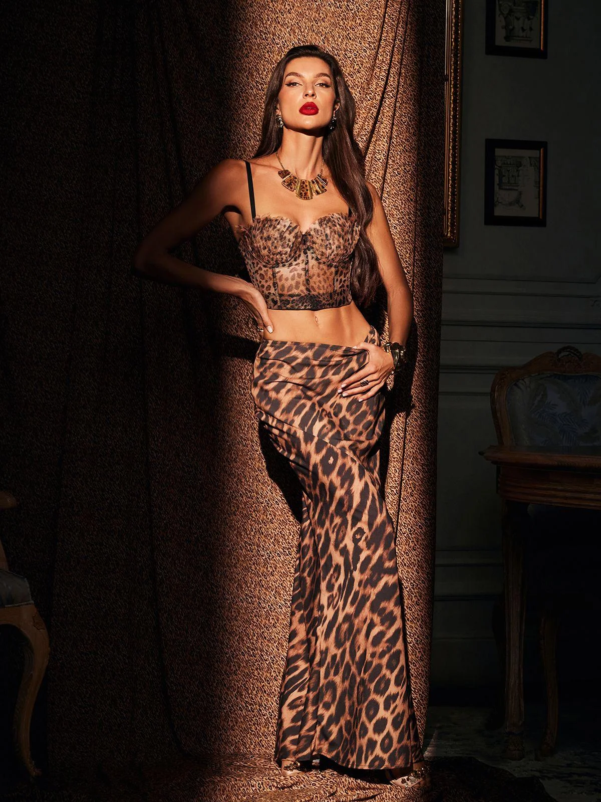 Leopard Print Brown Spaghetti Strap Top by Li Fu