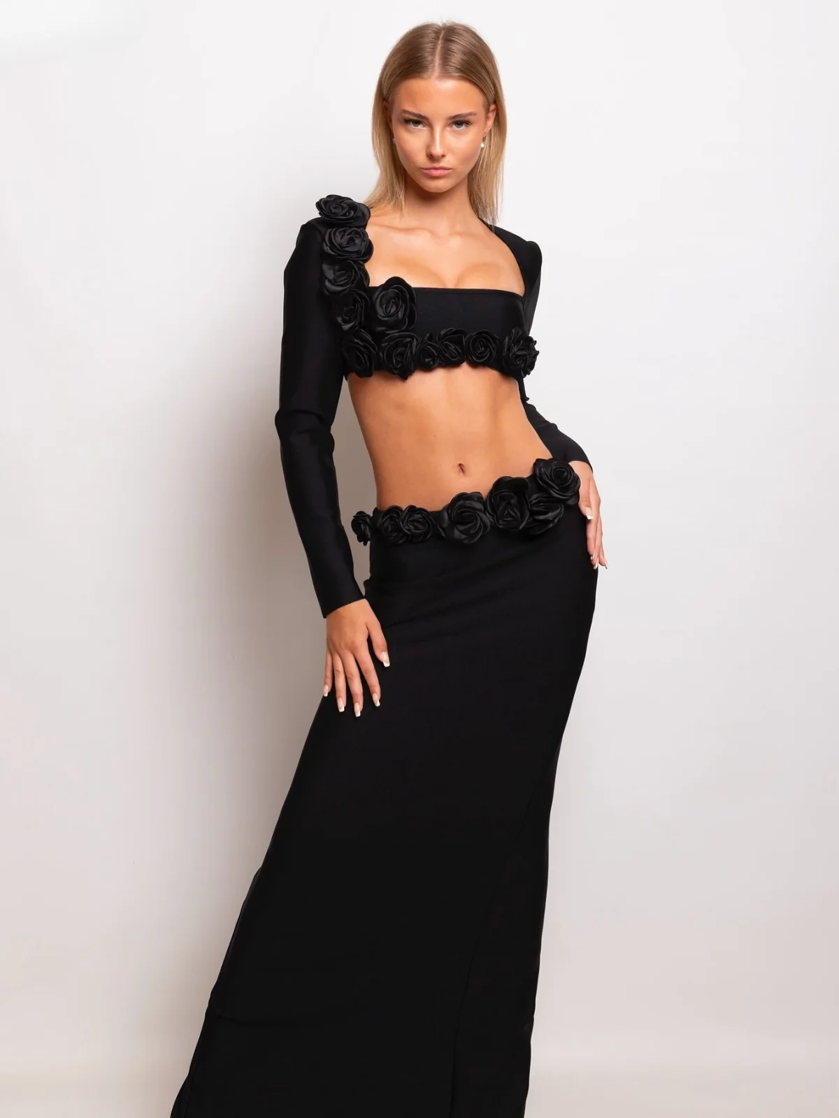 Black Flower Bandage Skirt Set - Elegant Feminine Style
