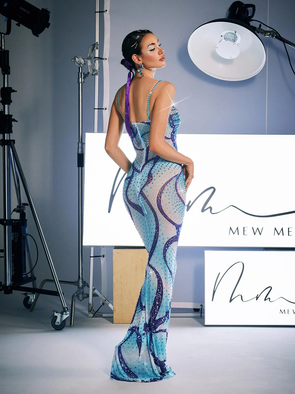 Blue Butterfly Print Crystal Maxi Dress