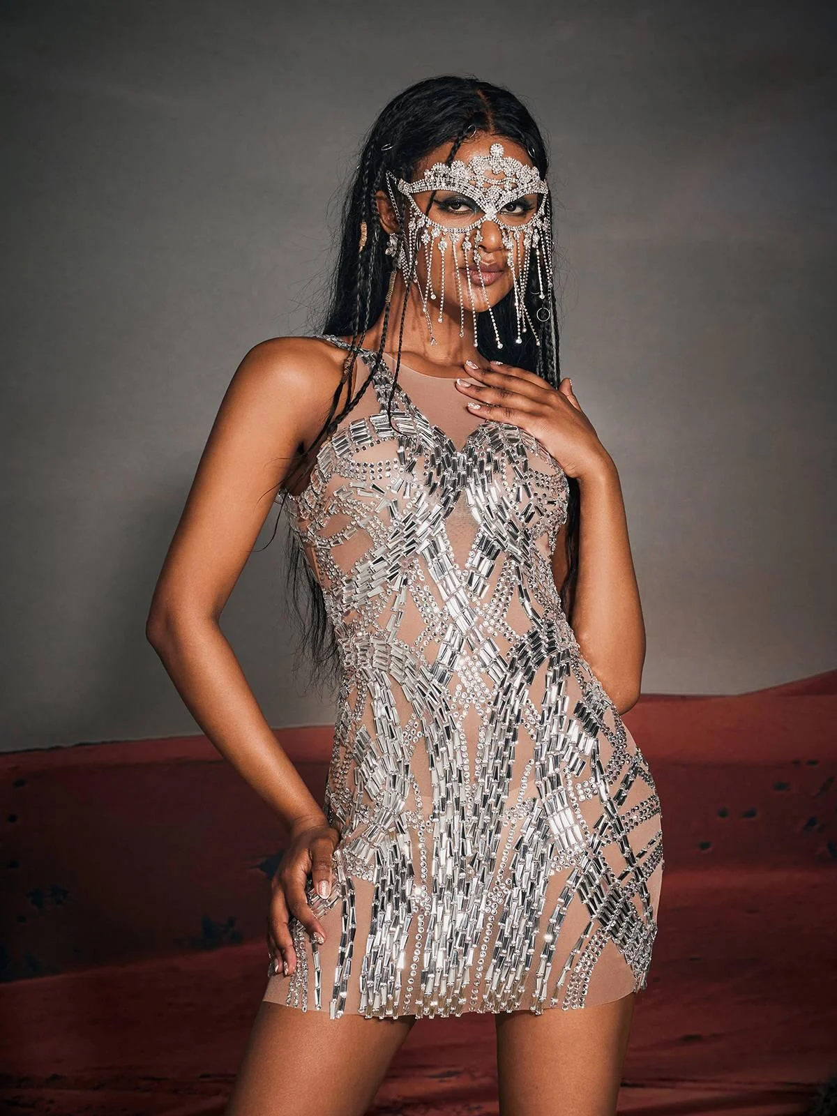 Sparkling Rhinestone Mesh Mini Dress - Elegant Evening Wear