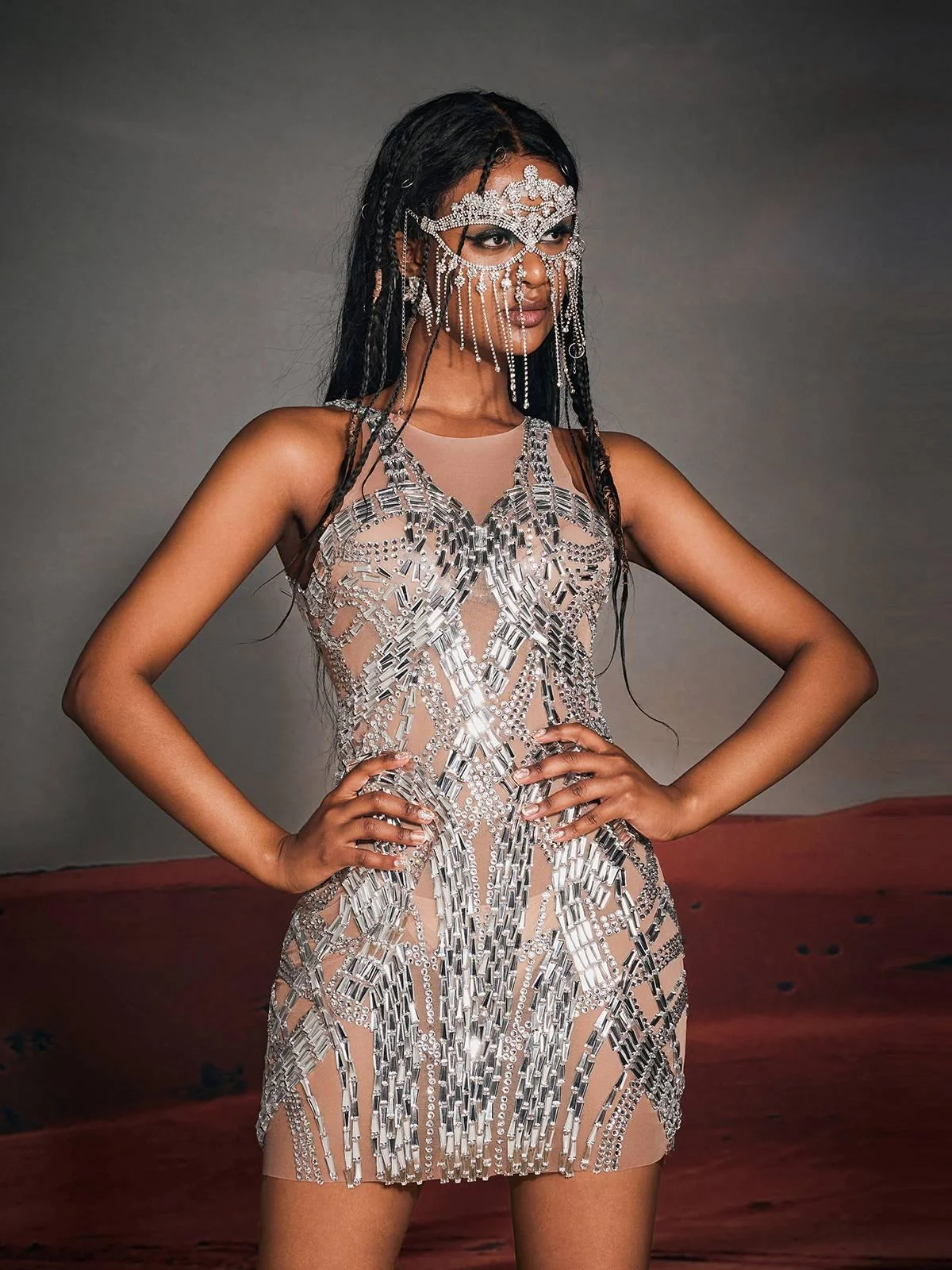 Sparkling Rhinestone Mesh Mini Dress - Elegant Evening Wear