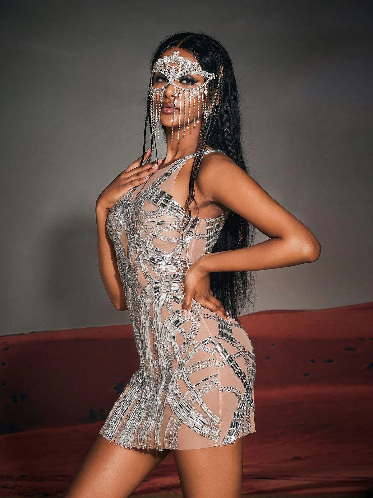 Sparkling Rhinestone Mesh Mini Dress - Elegant Evening Wear