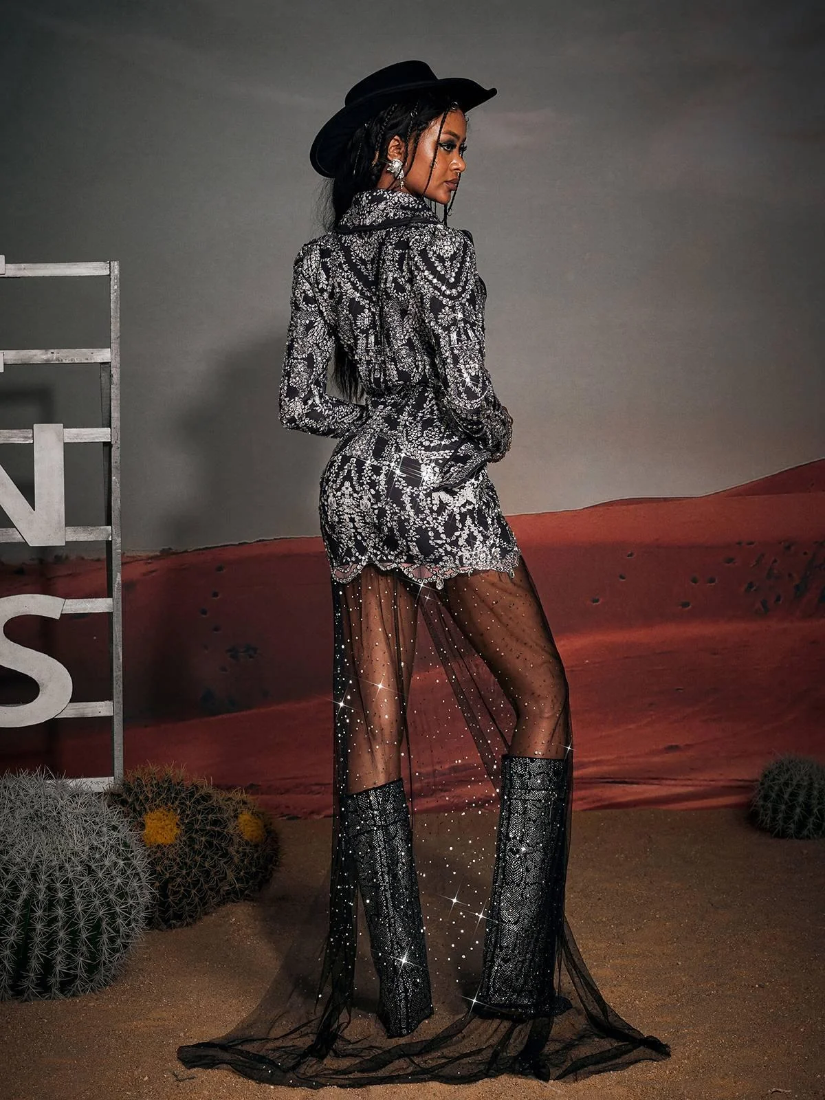 Printed Rhinestone Draped Blazer Dress