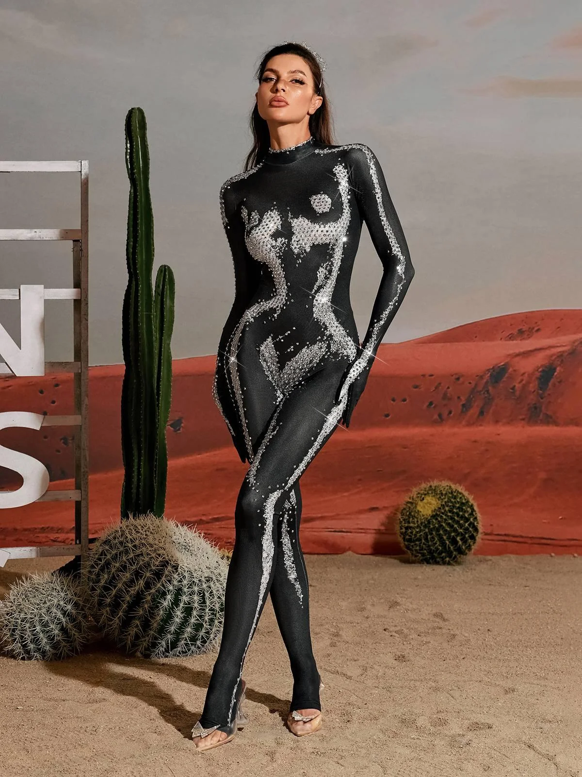 Silver Rhinestone Embellished Body Gloves Jumpsuit