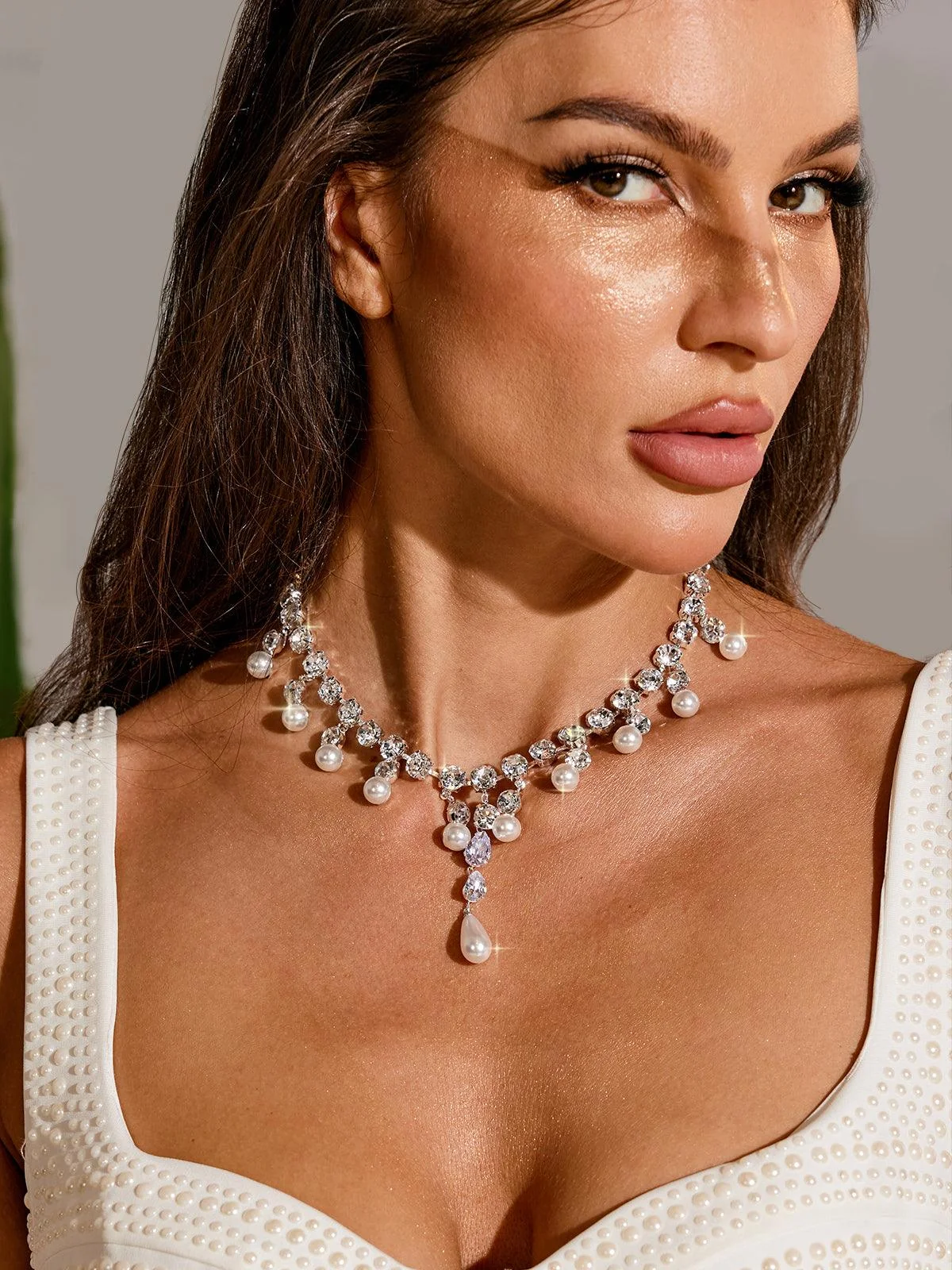 Elegant Crystal Pearl Fringe Statement Necklace