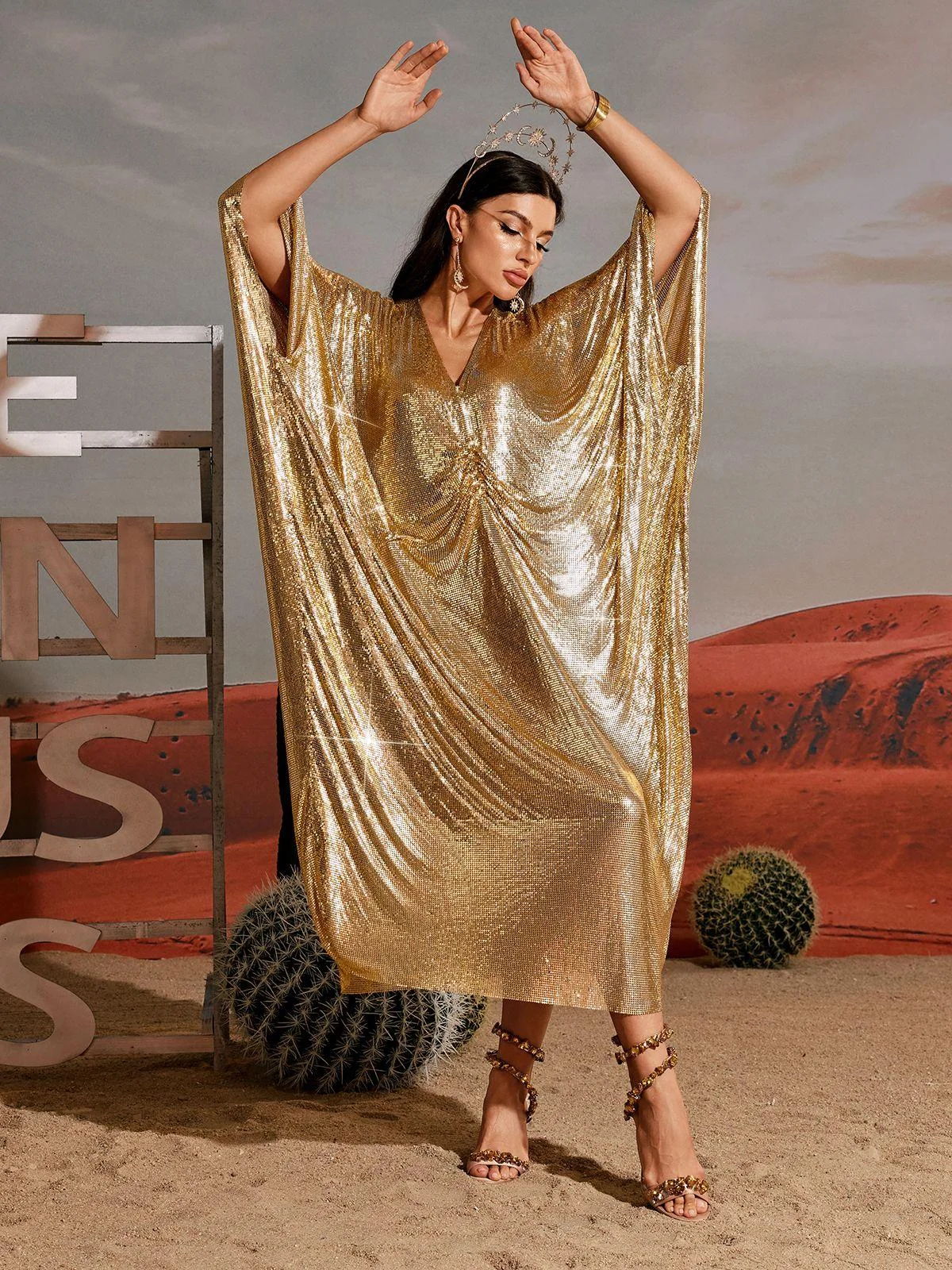 Gold Chainmail V Neck Kaftan Dress - Statement Piece