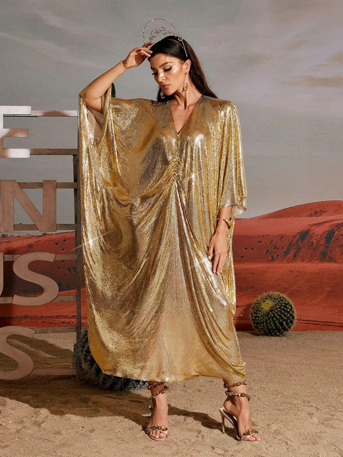 Gold Chainmail V Neck Kaftan Dress - Statement Piece