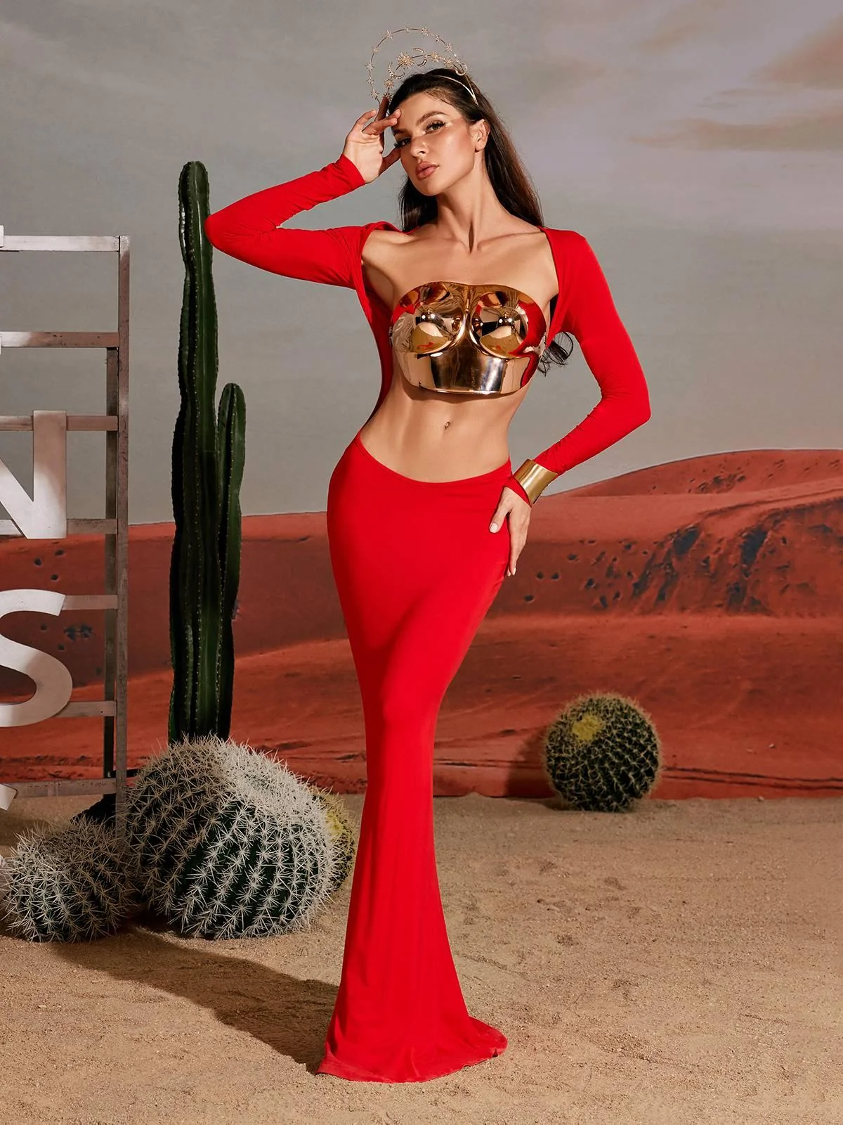 Elegant Red Cutout Maxi Dress with Long Sleeves