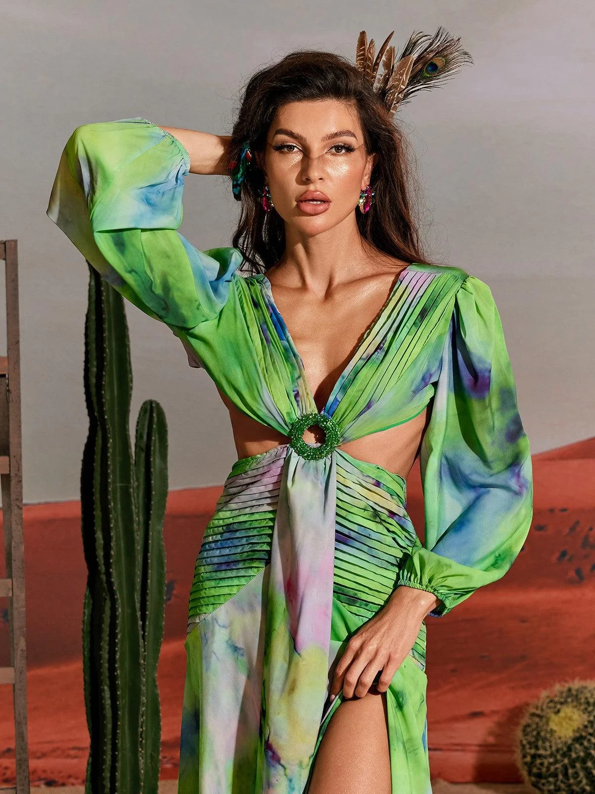 Green Printed V-Neck Maxi Dress with Cutout Details