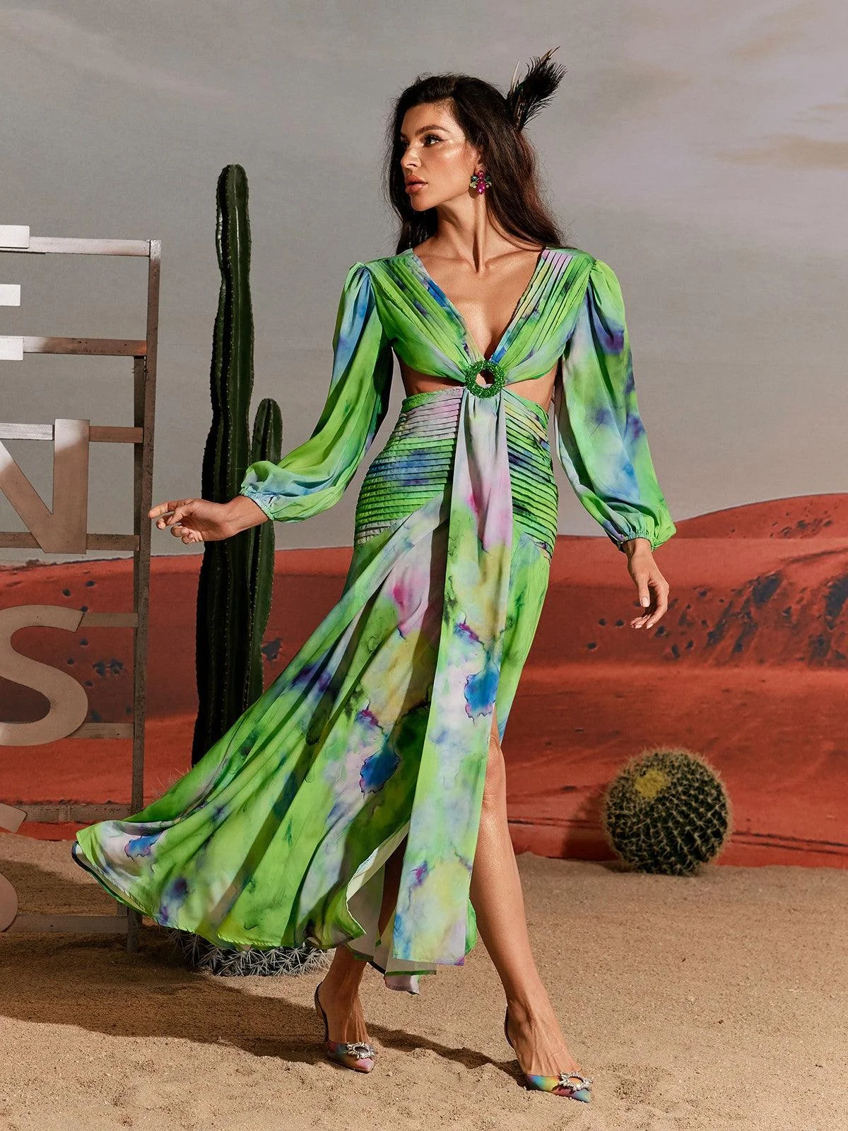 Green Printed V-Neck Maxi Dress with Cutout Details