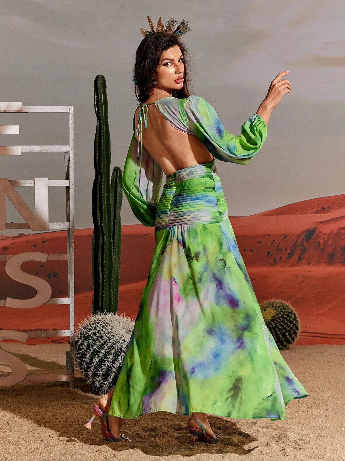 Green Printed V-Neck Maxi Dress with Cutout Details