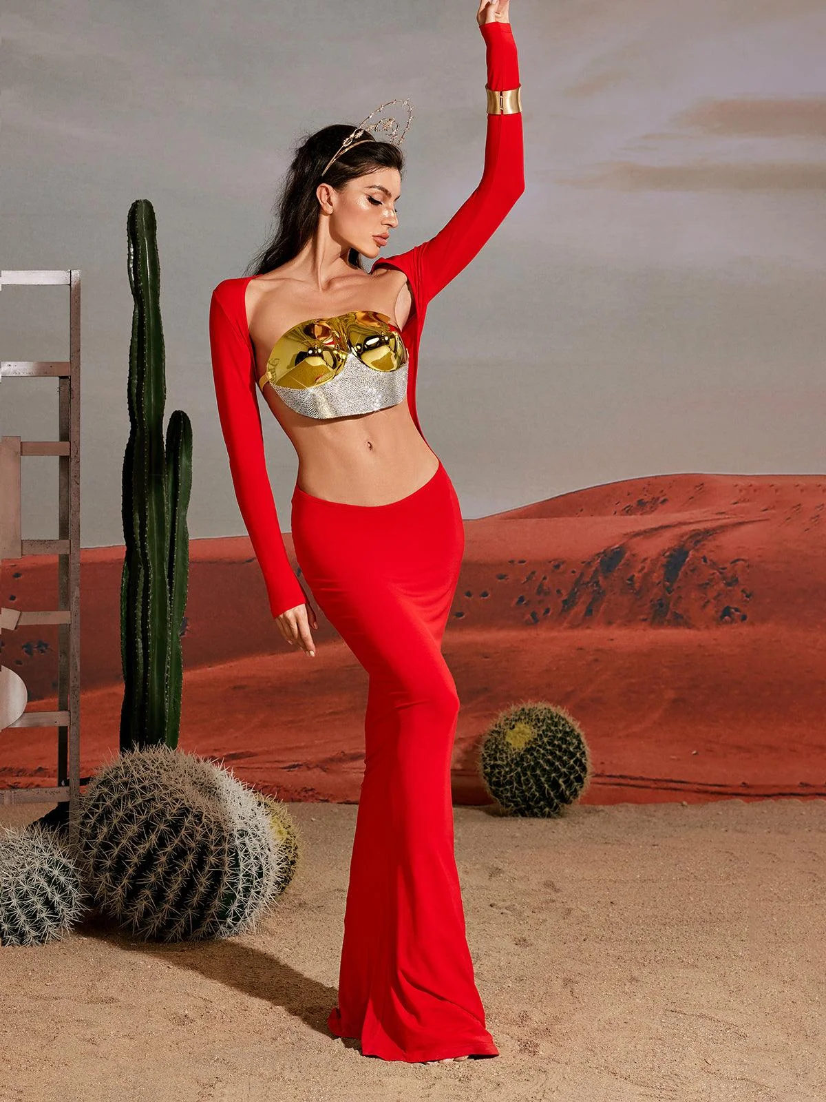 Gold Quill Rhinestone Fashion Top - Elegant Armor Design