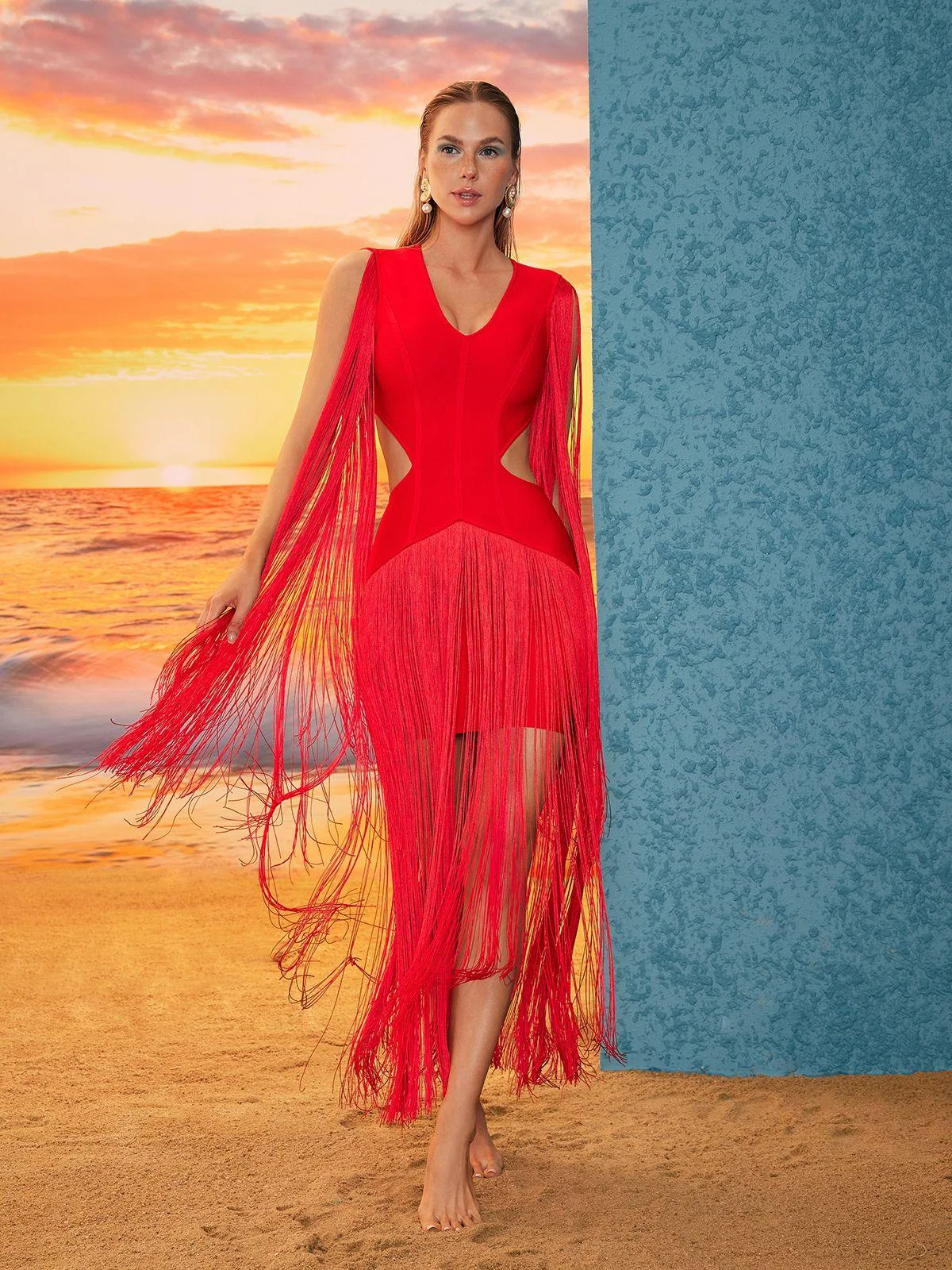 Red Fringe Cutout Bandage Dress - Sophisticated Style