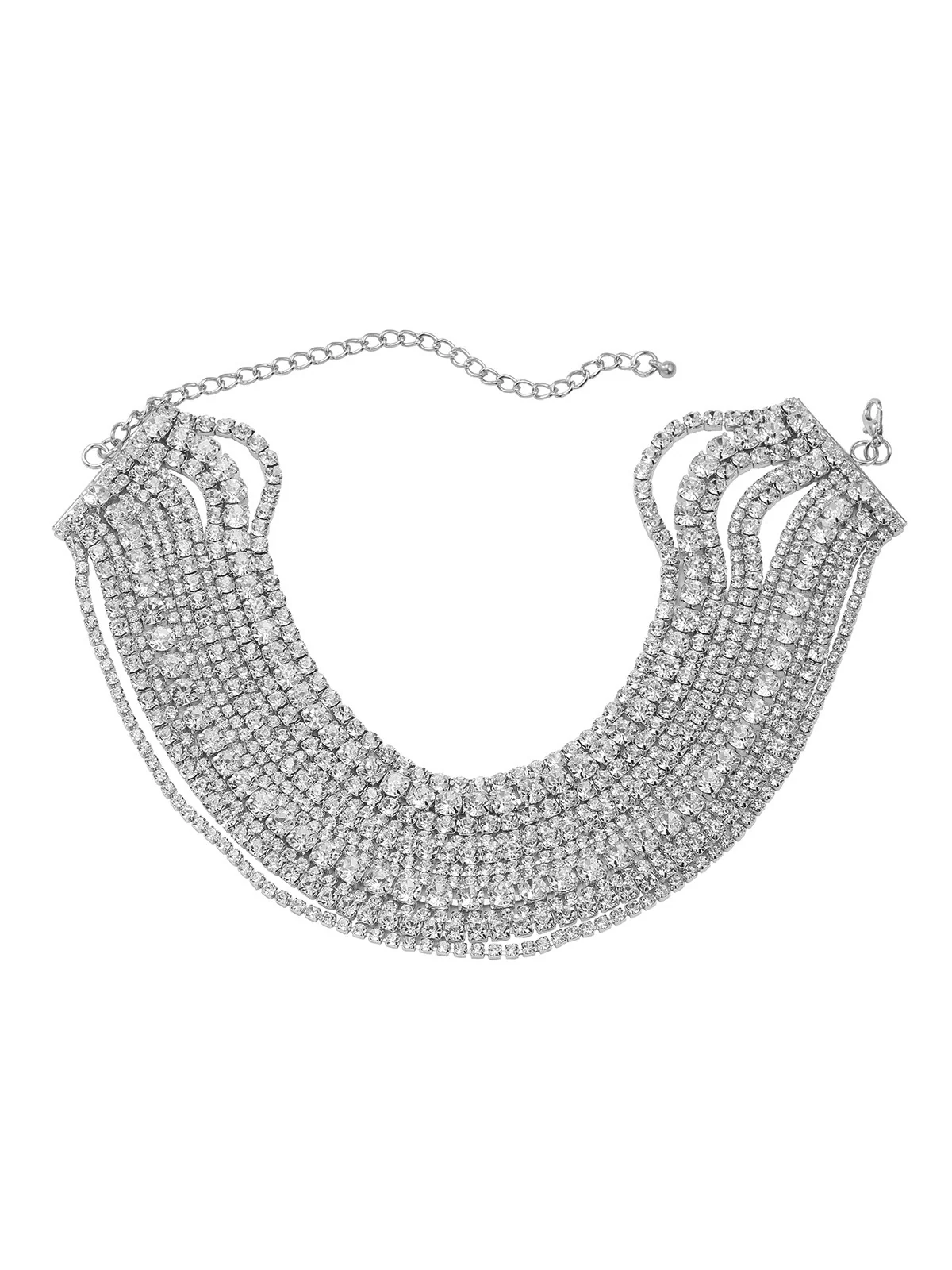 Silver Multi Layer Crystal Necklace - Elegant Sparkling Design