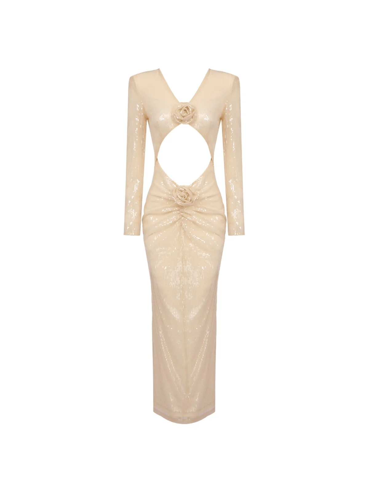 Apricot Flower Sequin Long Sleeve Dress - Elegant Statement Piece