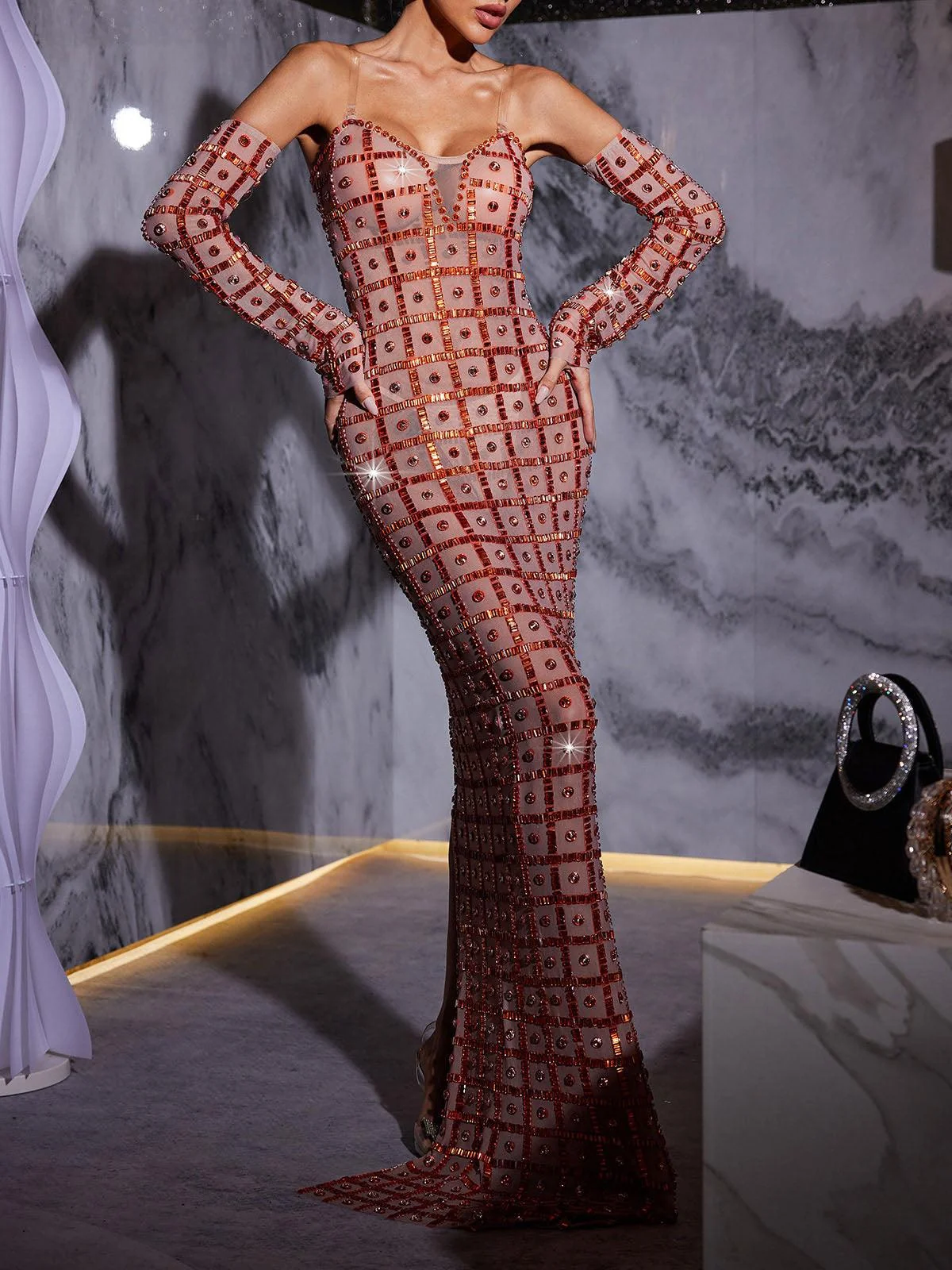 Sparkling Mesh Maxi Dress - Rhinestone Embellished Evening Wear