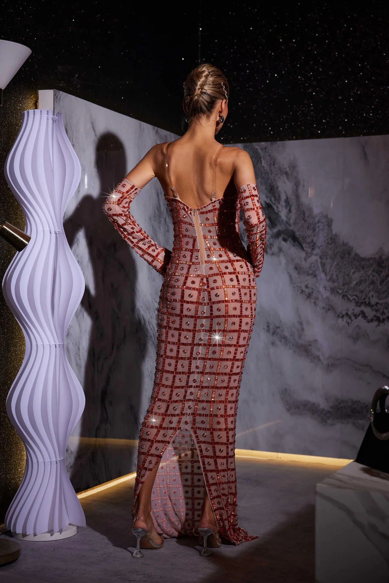 Sparkling Mesh Maxi Dress - Rhinestone Embellished Evening Wear