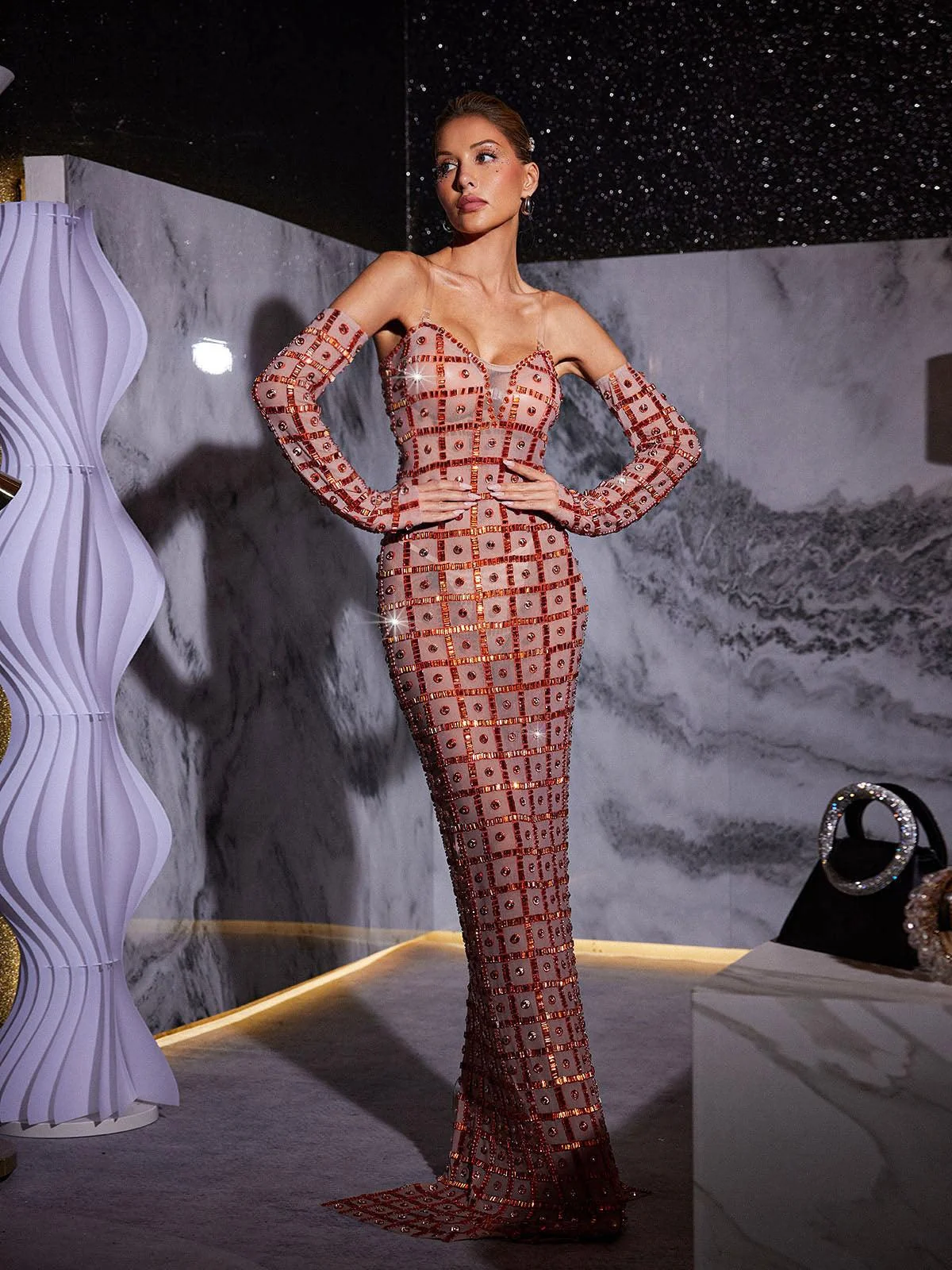 Sparkling Mesh Maxi Dress - Rhinestone Embellished Evening Wear