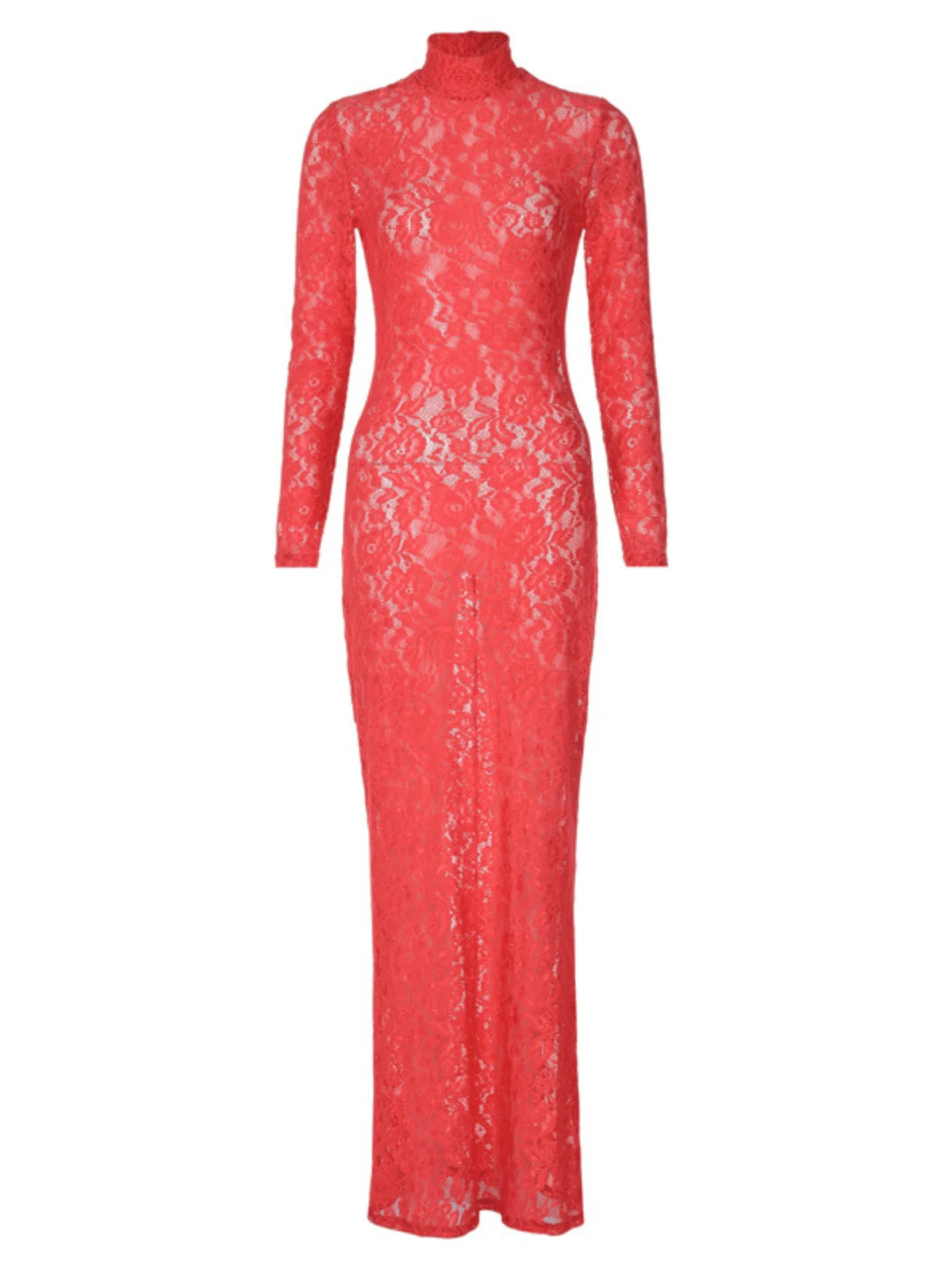 Red Lace Maxi Dress with Long Sleeves