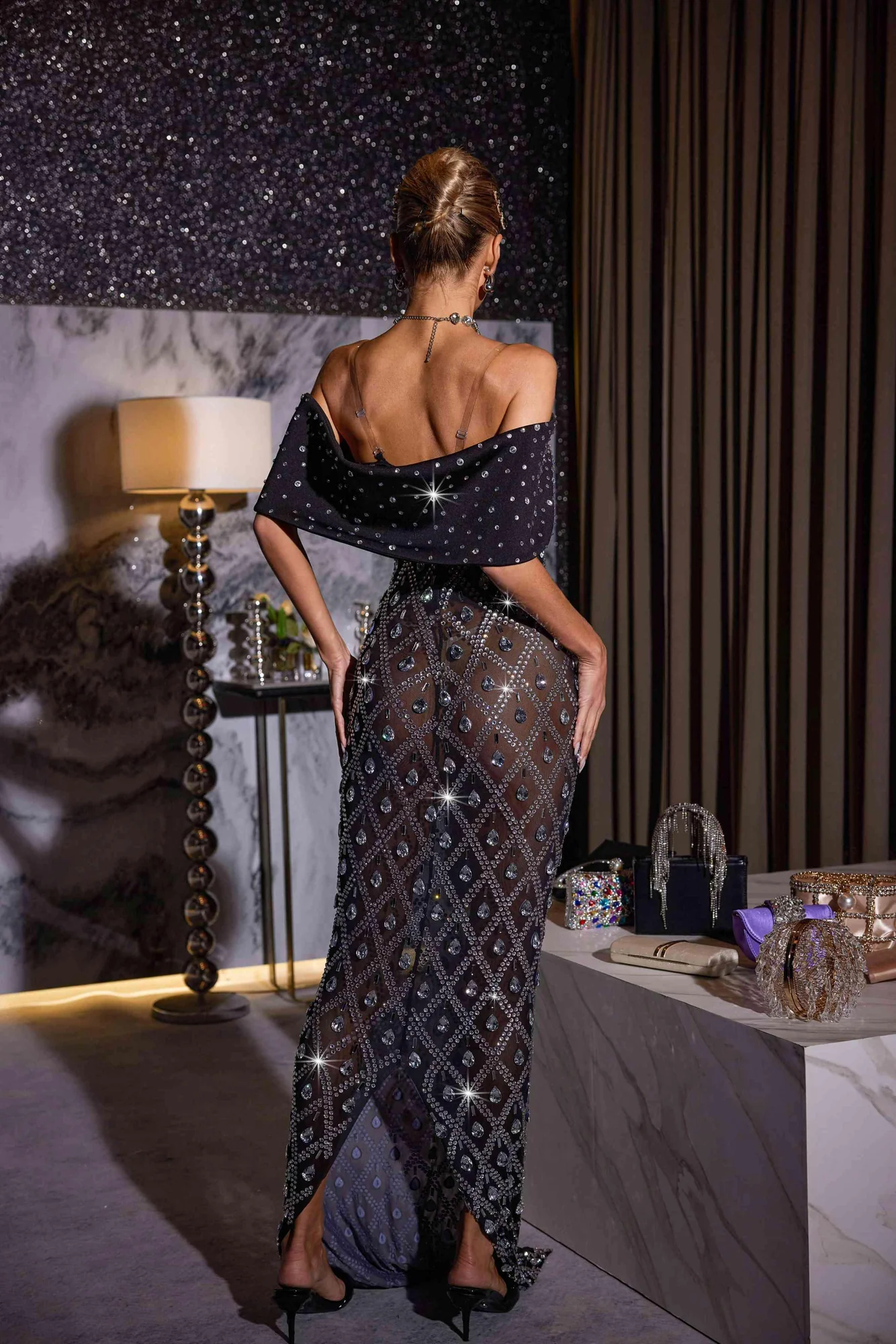 Elegant Rhinestone Mesh Maxi Dress in Various Sizes